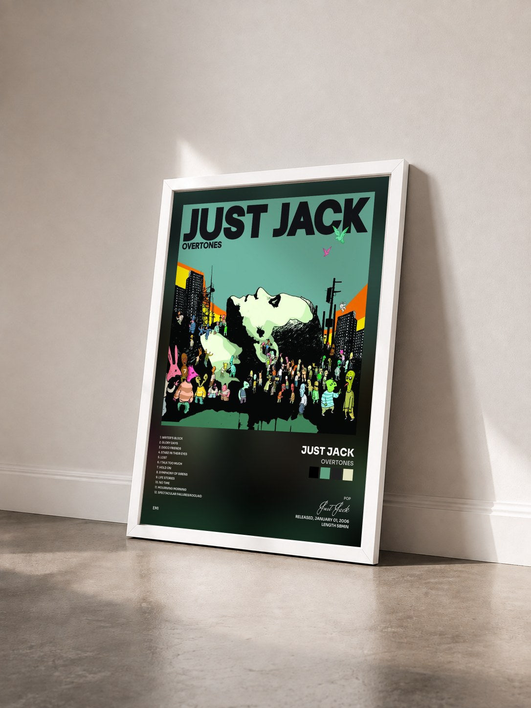 #blanc Tableau de l'album Overtones de Just Jack vu de trois quarts, cadre blanc