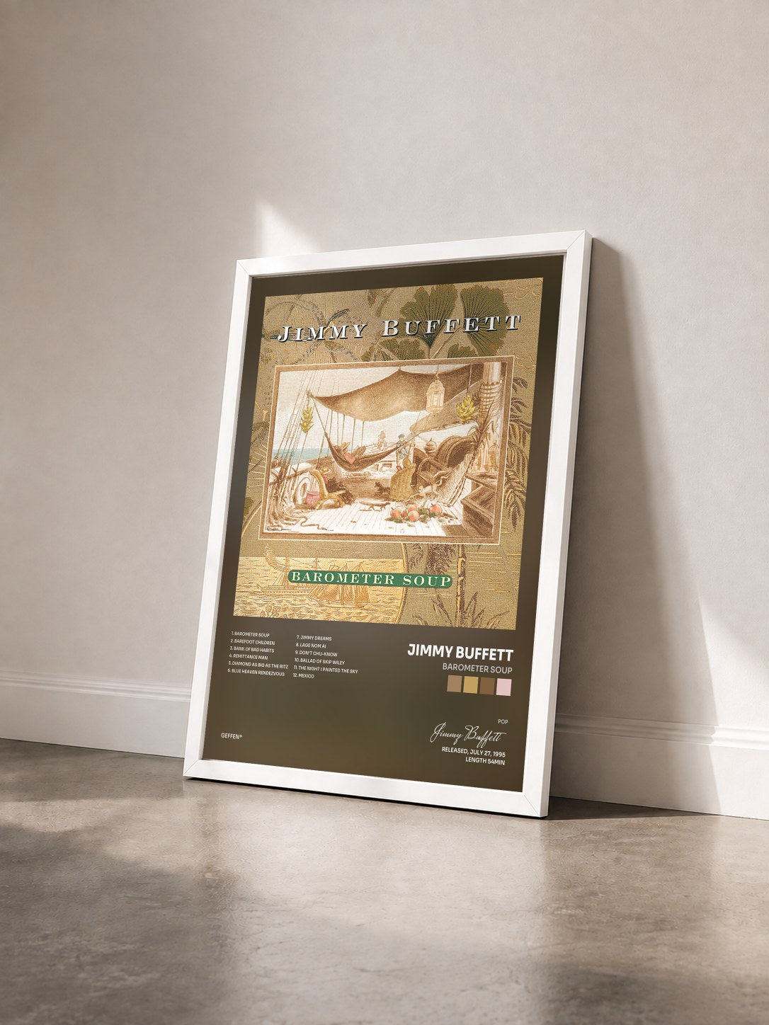 #blanc Tableau de l'album Barometer Soup de Jimmy Buffett vu de trois quarts, cadre blanc