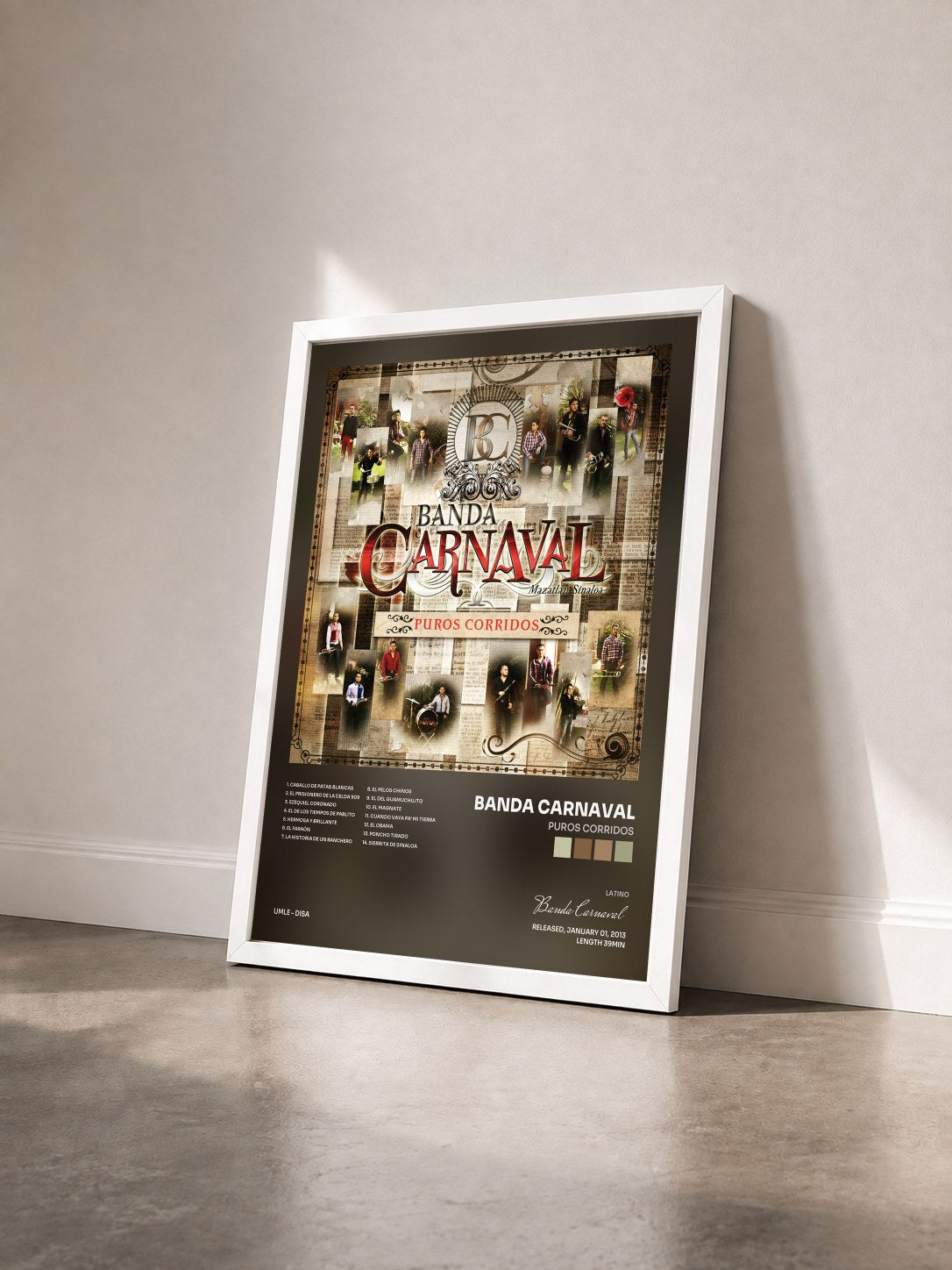 #blanc Tableau de l'album Puros Corridos de Banda Carnaval vu de trois quarts, cadre blanc