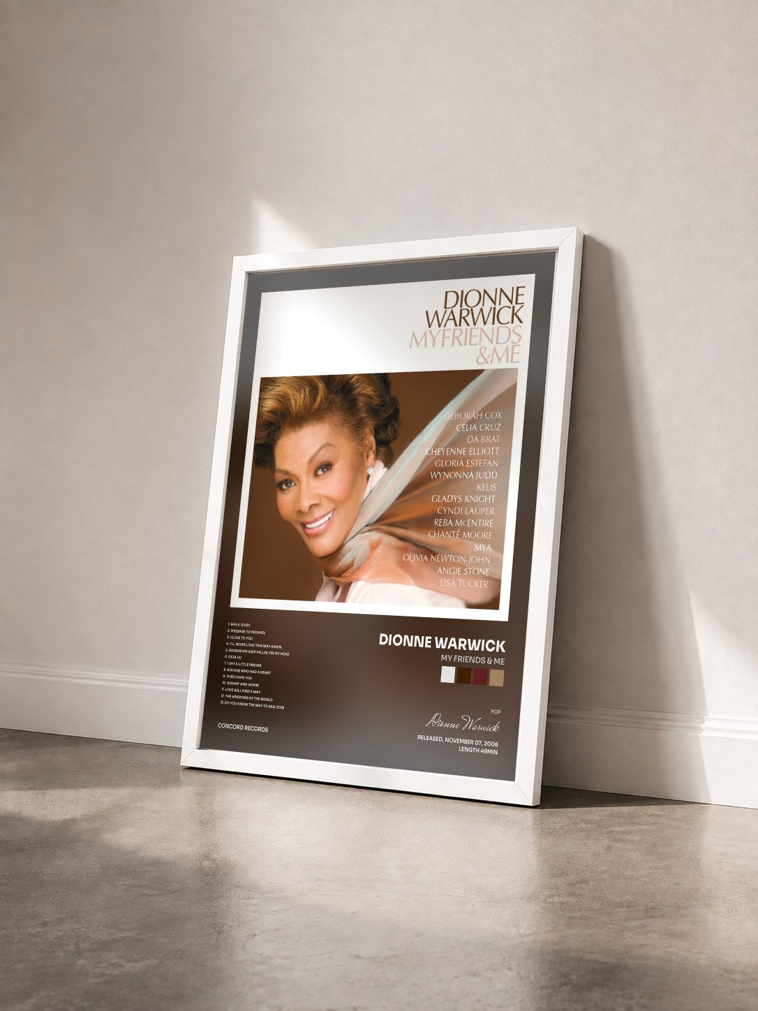 #blanc Tableau de l'album My Friends & Me de Dionne Warwick vu de trois quarts, cadre blanc