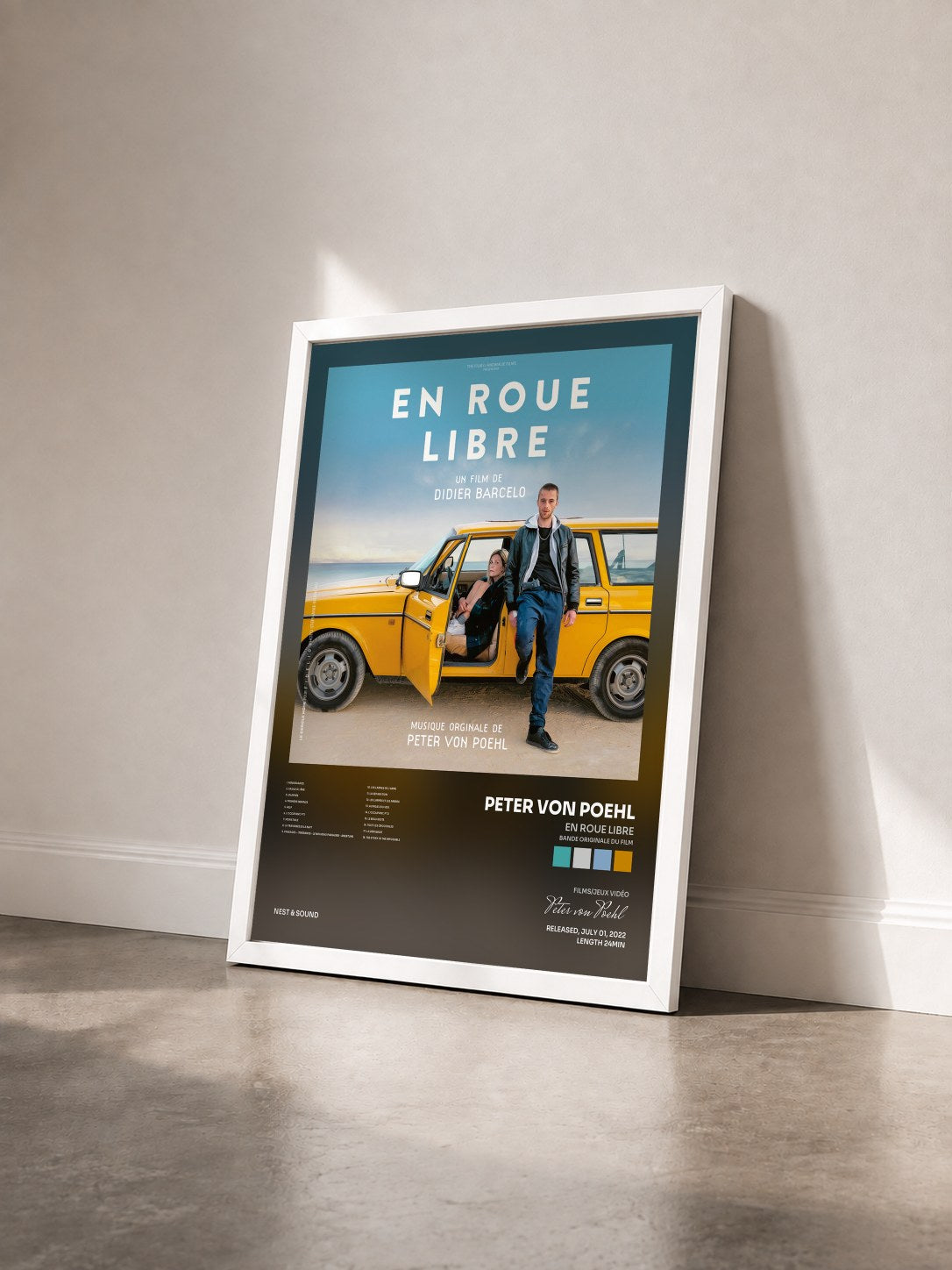 #blanc Tableau de l'album En roue libre (Bande originale du film) de Peter von Poehl vu de trois quarts, cadre blanc