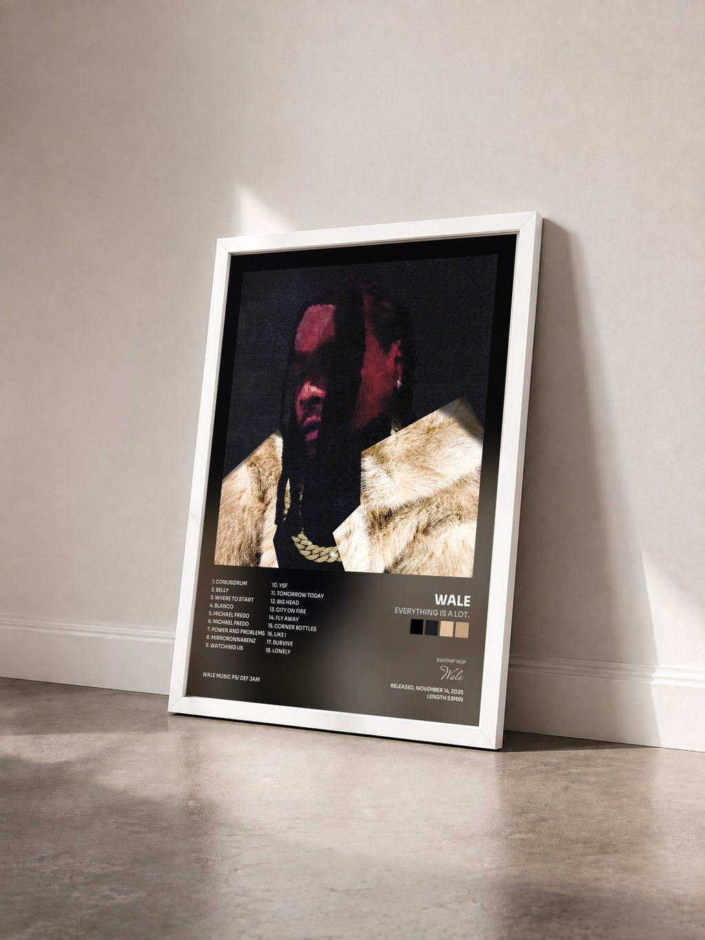 #blanc Tableau de l'album everything is a lot. de Wale vu de trois quarts, cadre blanc