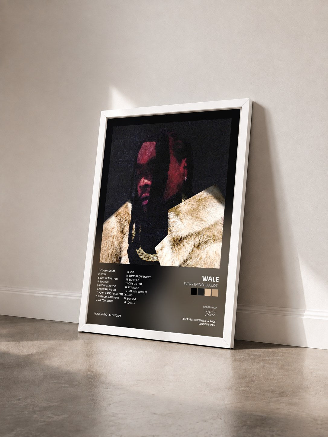 #blanc Tableau de l'album everything is a lot. de Wale vu de trois quarts, cadre blanc