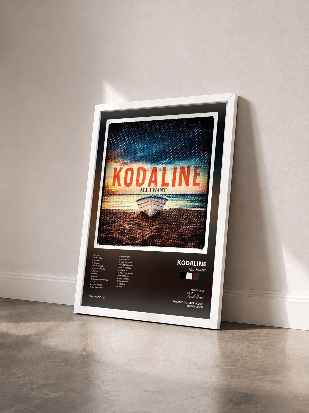 #blanc Tableau de l'album All I Want de Kodaline vu de trois quarts, cadre blanc