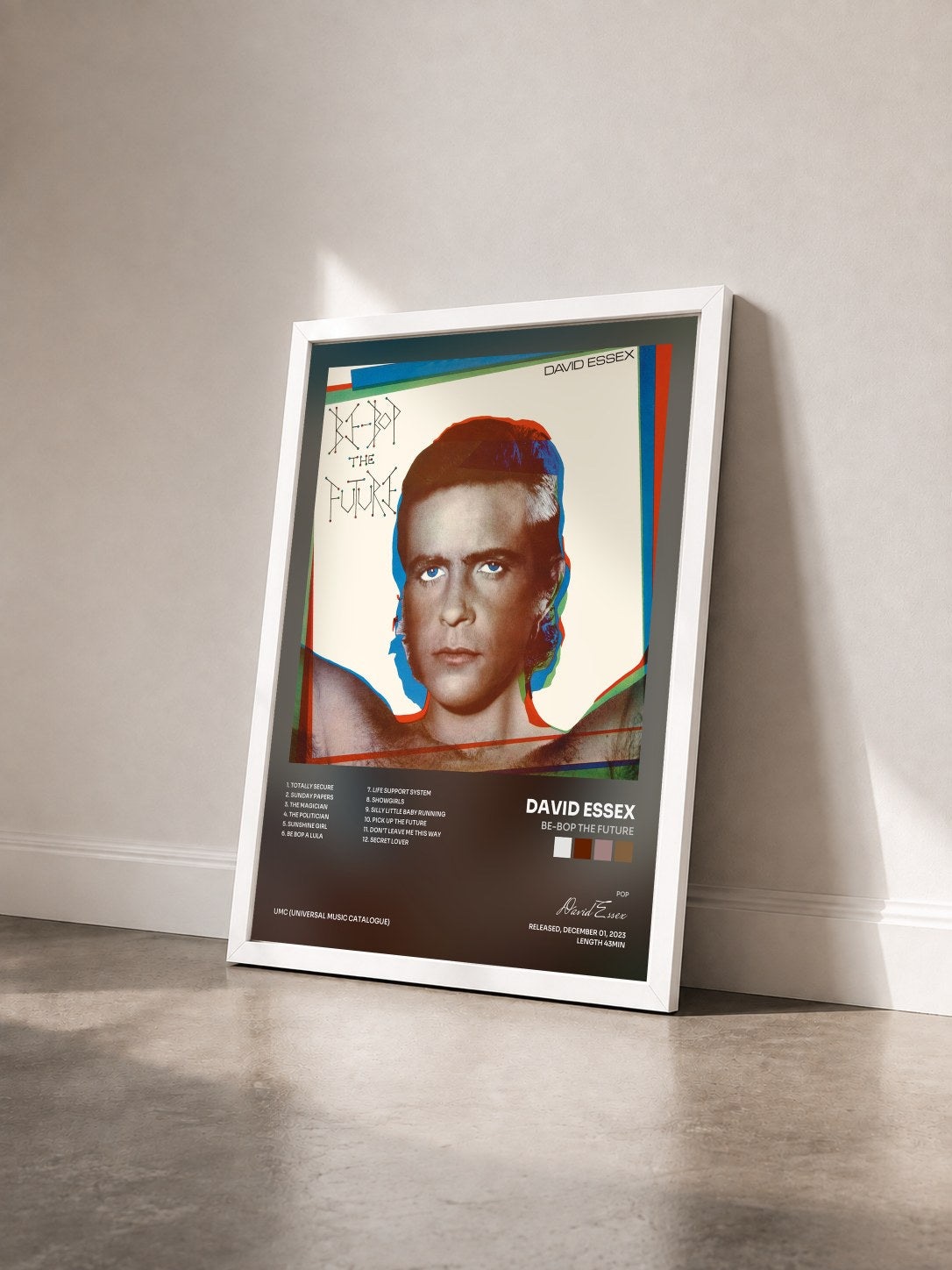 #blanc Tableau de l'album Be-Bop The Future de David Essex vu de trois quarts, cadre blanc