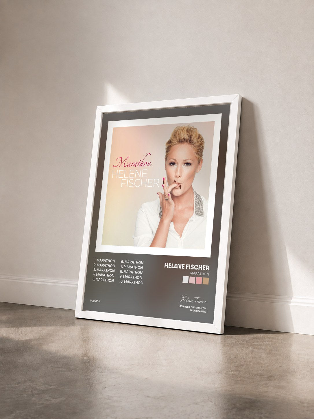#blanc Tableau de l'album Marathon de Helene Fischer vu de trois quarts, cadre blanc