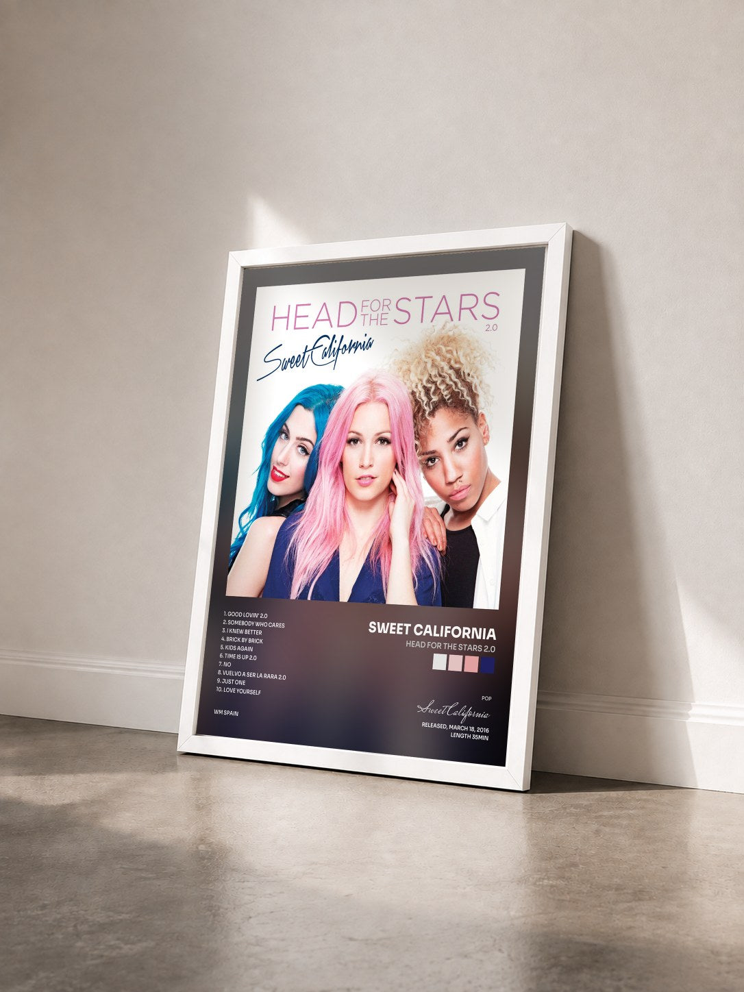 #blanc Tableau de l'album Head for the Stars 2.0 de Sweet California vu de trois quarts, cadre blanc