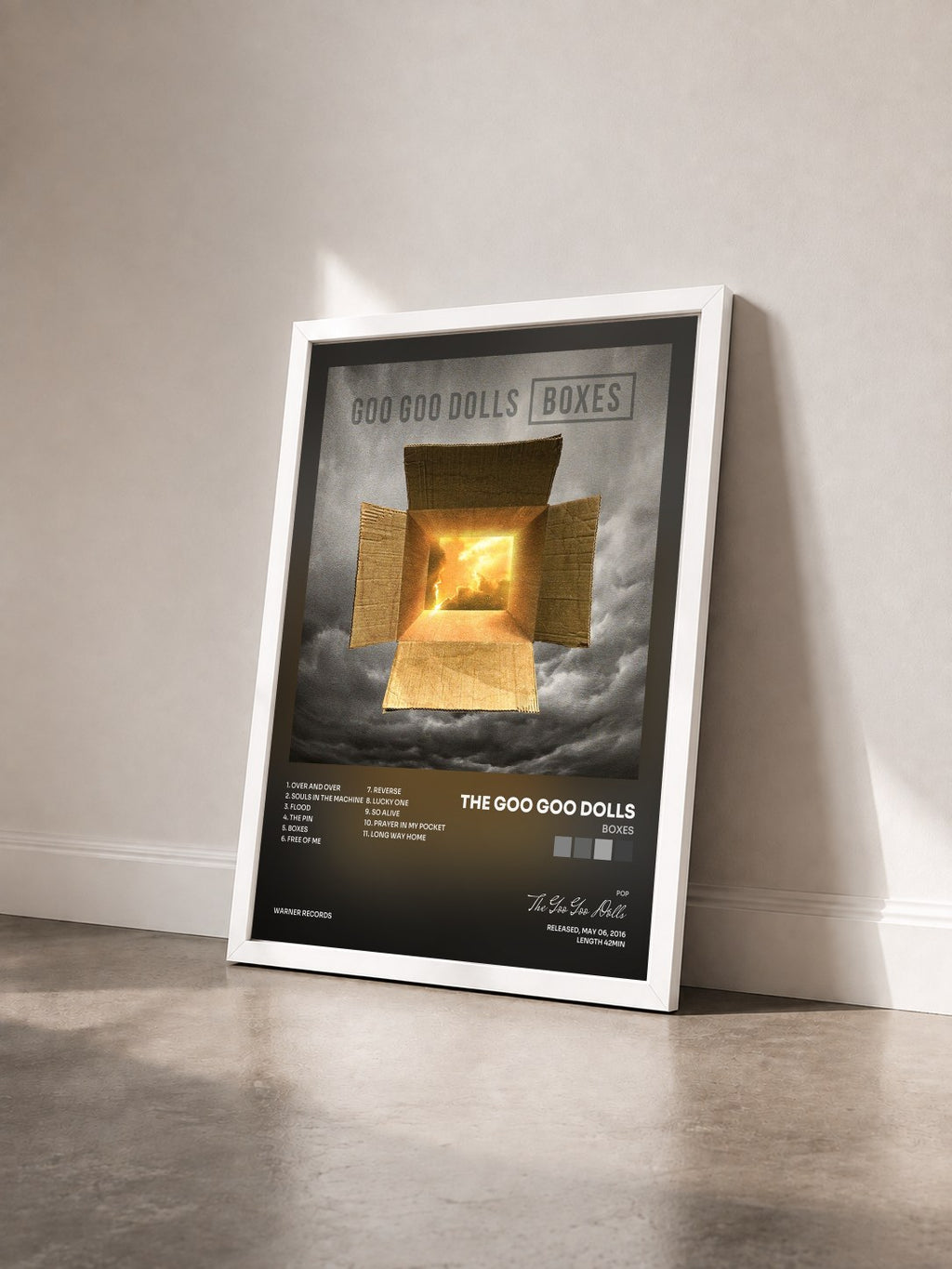 #blanc Tableau de l'album Boxes de The Goo Goo Dolls vu de trois quarts, cadre blanc