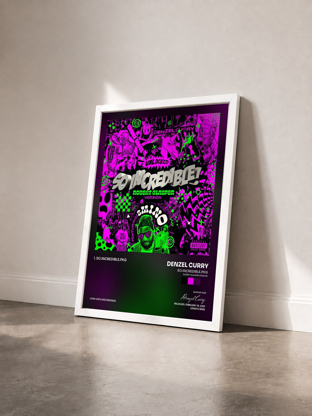 #blanc So.Incredible.pkg (Robert Glasper Version) by Denzel Curry as a framed art print seen at an angle, white frame