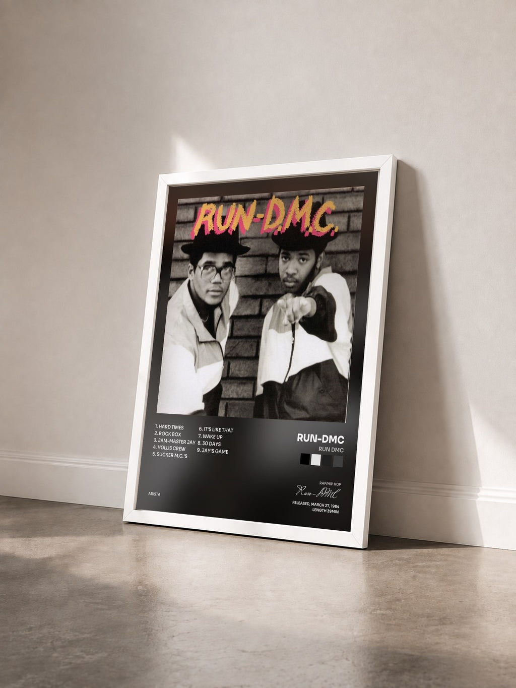#blanc Tableau de l'album RUN DMC de Run-DMC vu de trois quarts, cadre blanc