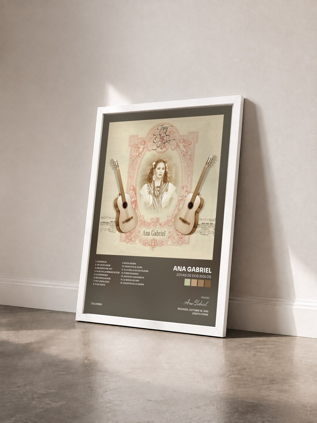 #blanc Tableau de l'album Joyas De Dos Siglos de Ana Gabriel vu de trois quarts, cadre blanc