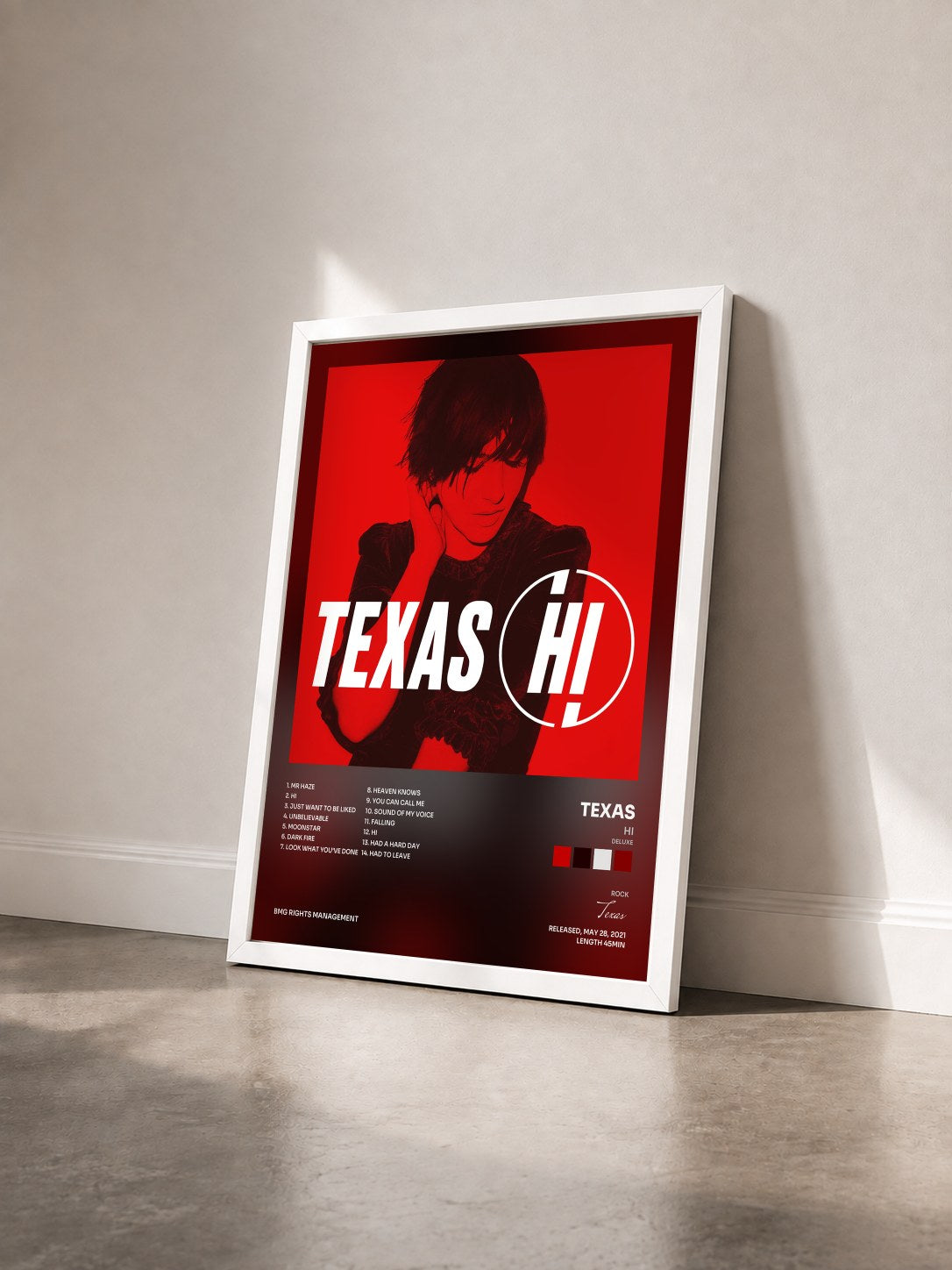 #blanc Tableau de l'album Hi (Deluxe) de Texas vu de trois quarts, cadre blanc