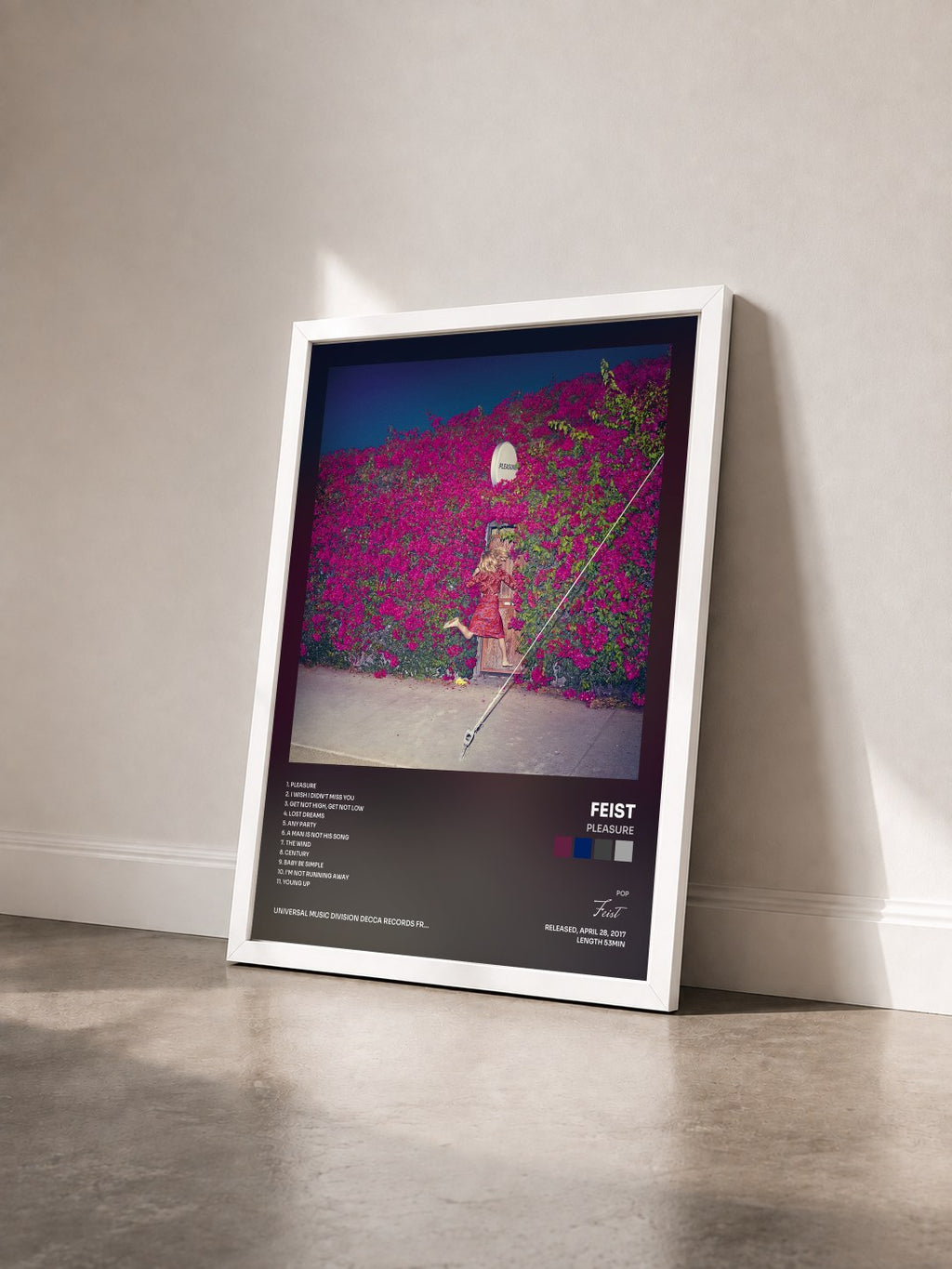 #blanc Tableau de l'album Pleasure de Feist vu de trois quarts, cadre blanc
