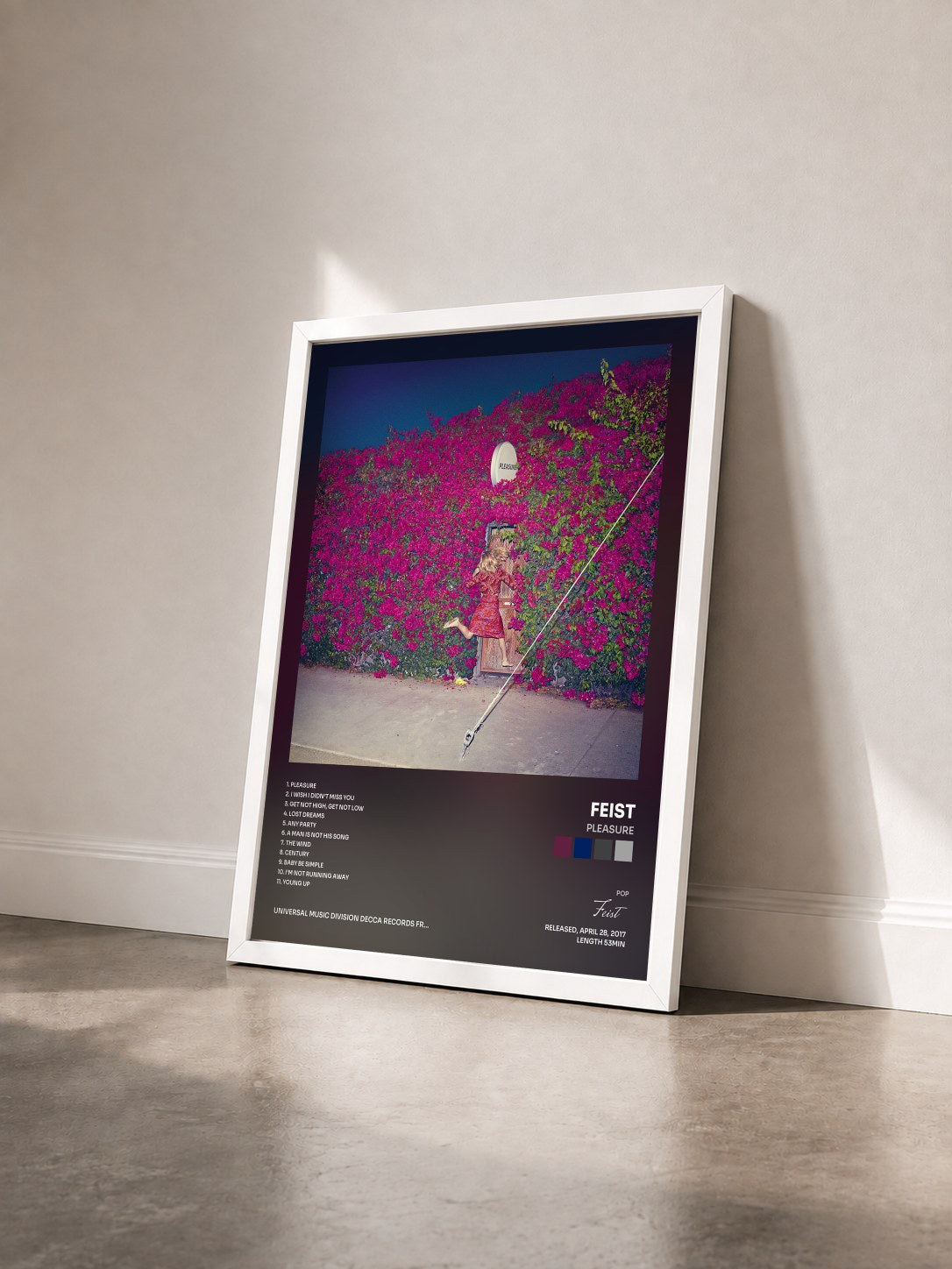 #blanc Tableau de l'album Pleasure de Feist vu de trois quarts, cadre blanc