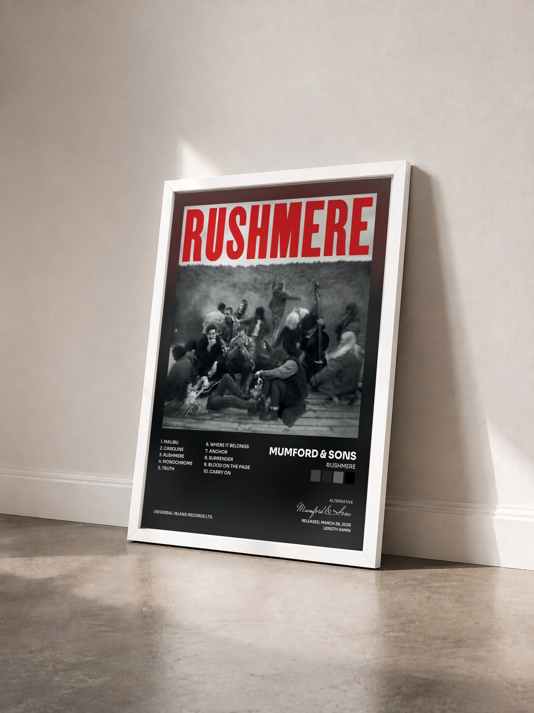 #blanc Tableau de l'album RUSHMERE de Mumford & Sons vu de trois quarts, cadre blanc