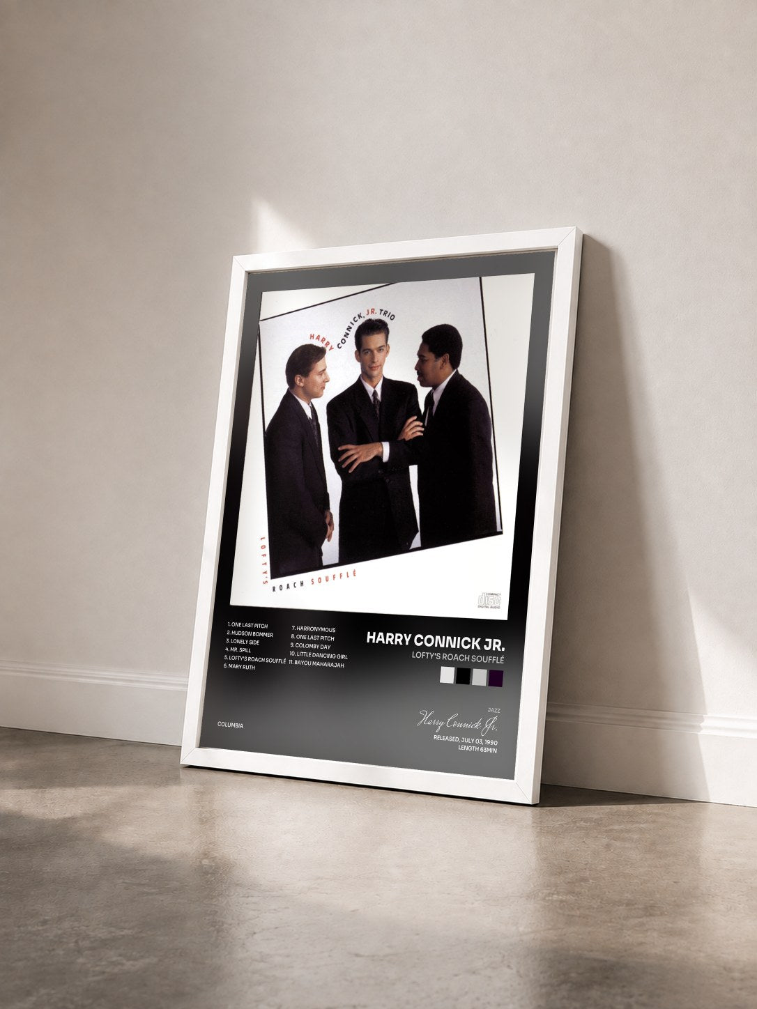 #blanc Tableau de l'album Lofty's Roach Soufflé de Harry Connick Jr. vu de trois quarts, cadre blanc