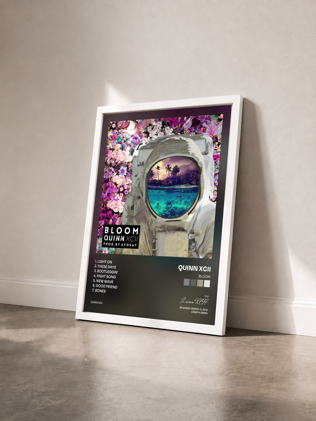 #blanc Tableau de l'album Bloom de Quinn XCII vu de trois quarts, cadre blanc