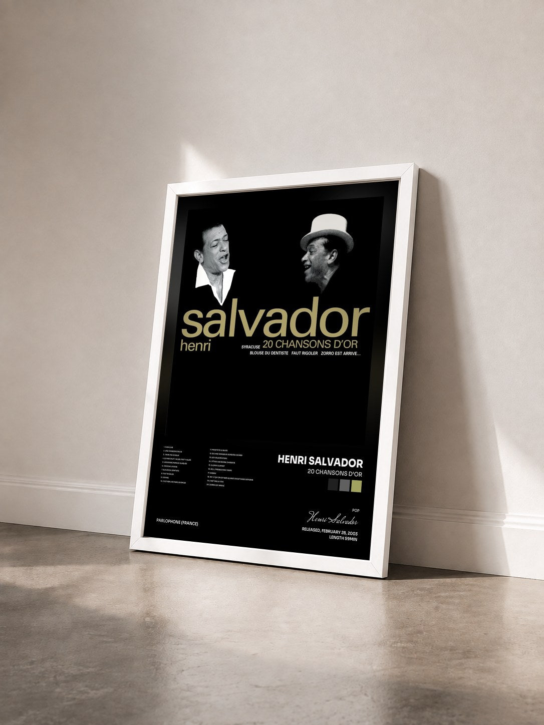 #blanc Tableau de l'album 20 chansons d'or de Henri Salvador vu de trois quarts, cadre blanc