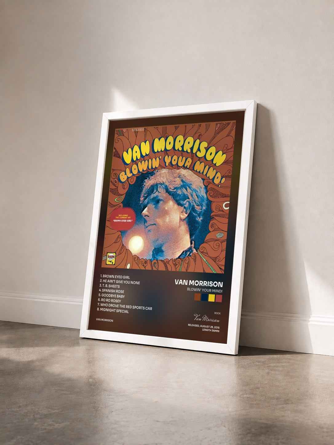#blanc Tableau de l'album Blowin' Your Mind! de Van Morrison vu de trois quarts, cadre blanc