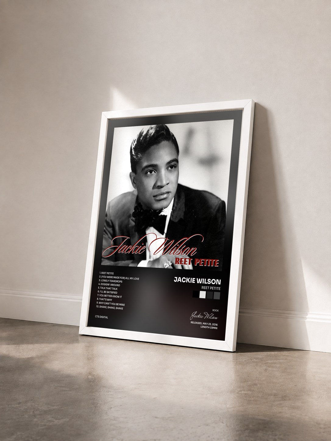#blanc Tableau de l'album Reet Petite de Jackie Wilson vu de trois quarts, cadre blanc