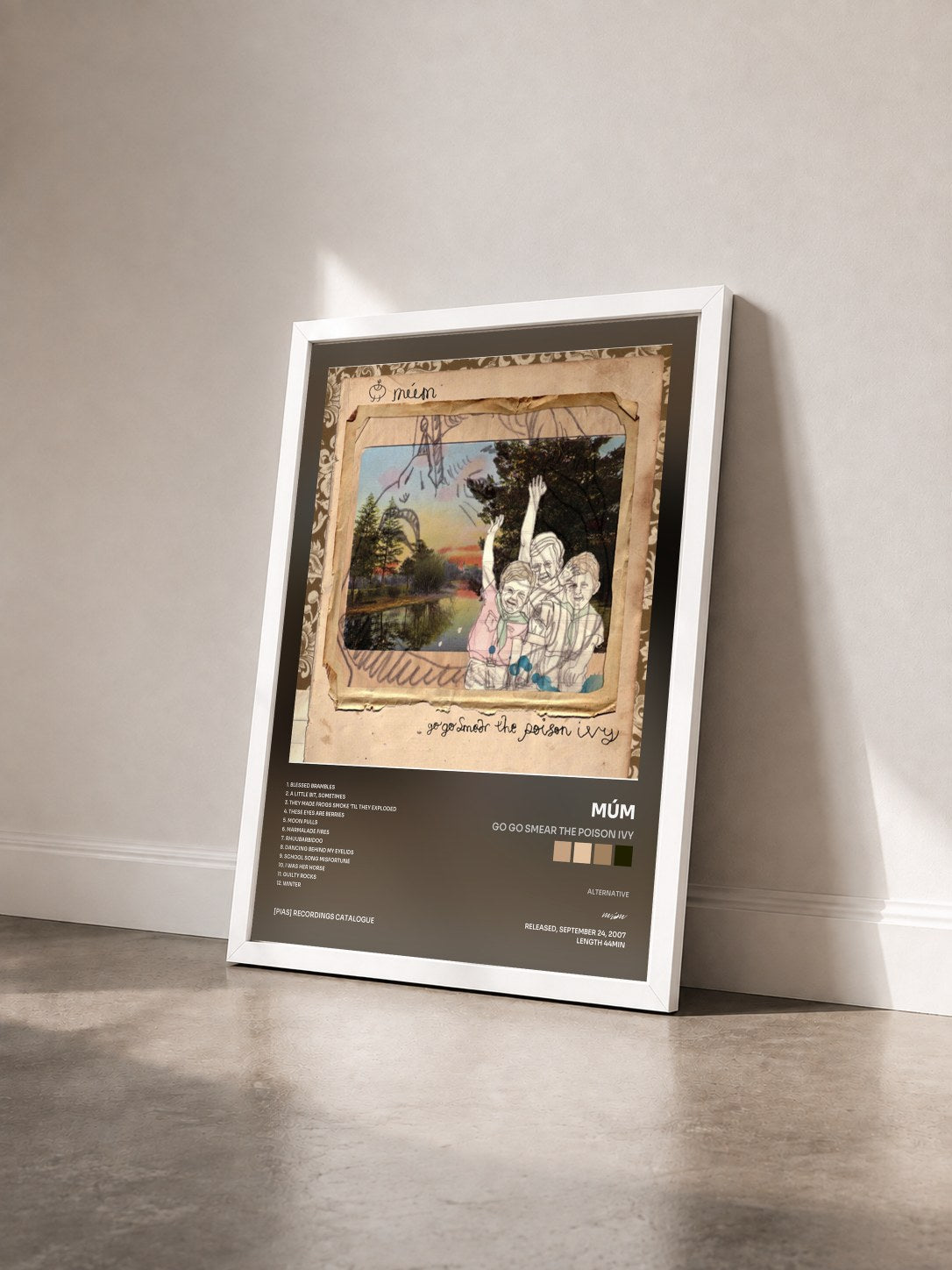 #blanc Tableau de l'album Go Go Smear the Poison Ivy de múm vu de trois quarts, cadre blanc