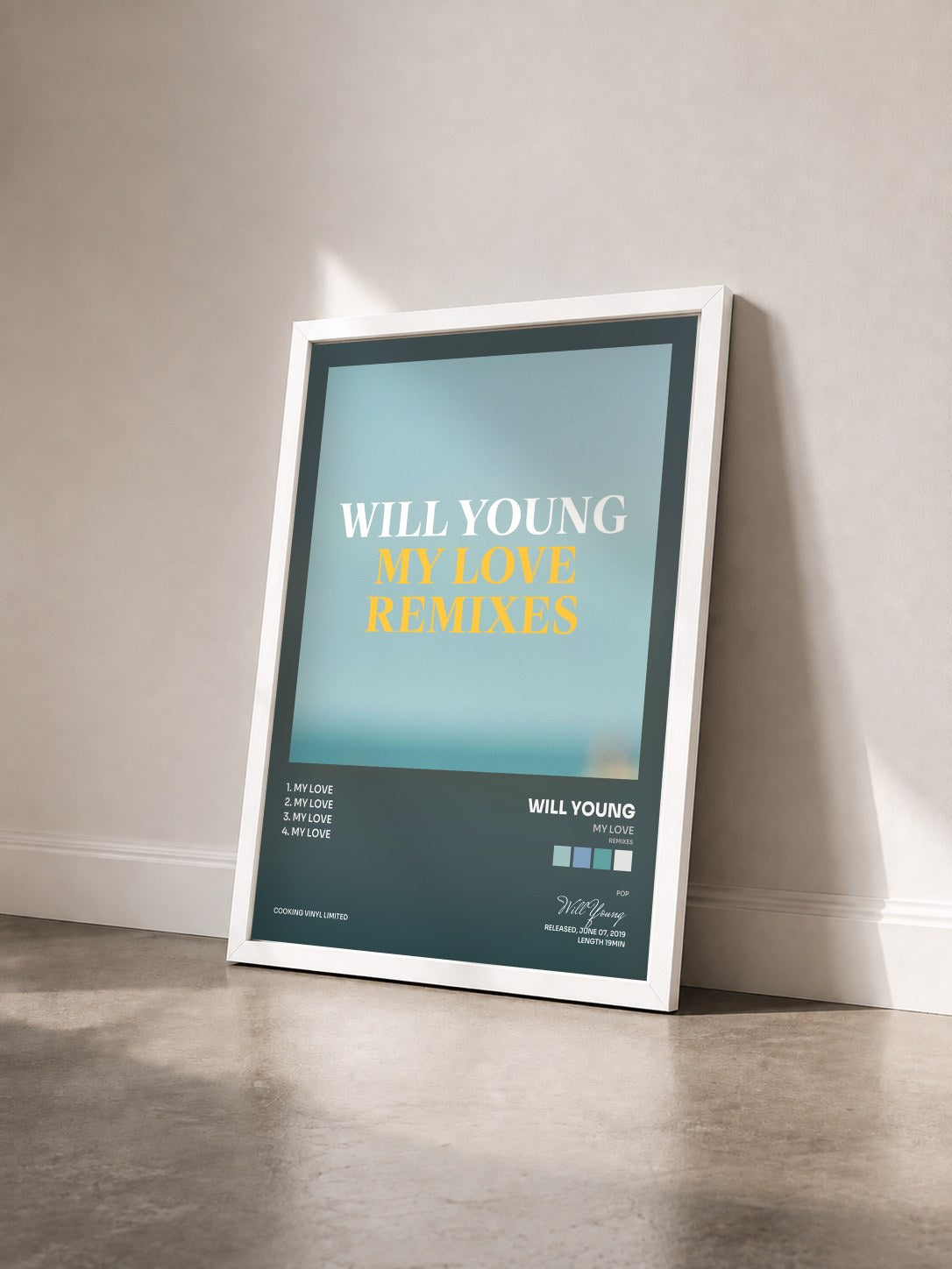 #blanc Tableau de l'album My Love (Remixes) de Will Young vu de trois quarts, cadre blanc
