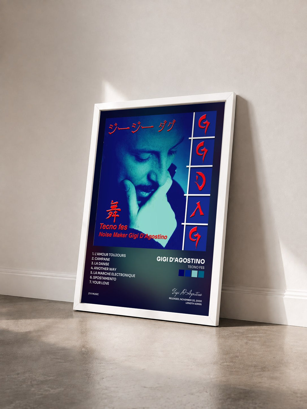 #blanc Tableau de l'album Tecno Fes de Gigi D'Agostino vu de trois quarts, cadre blanc