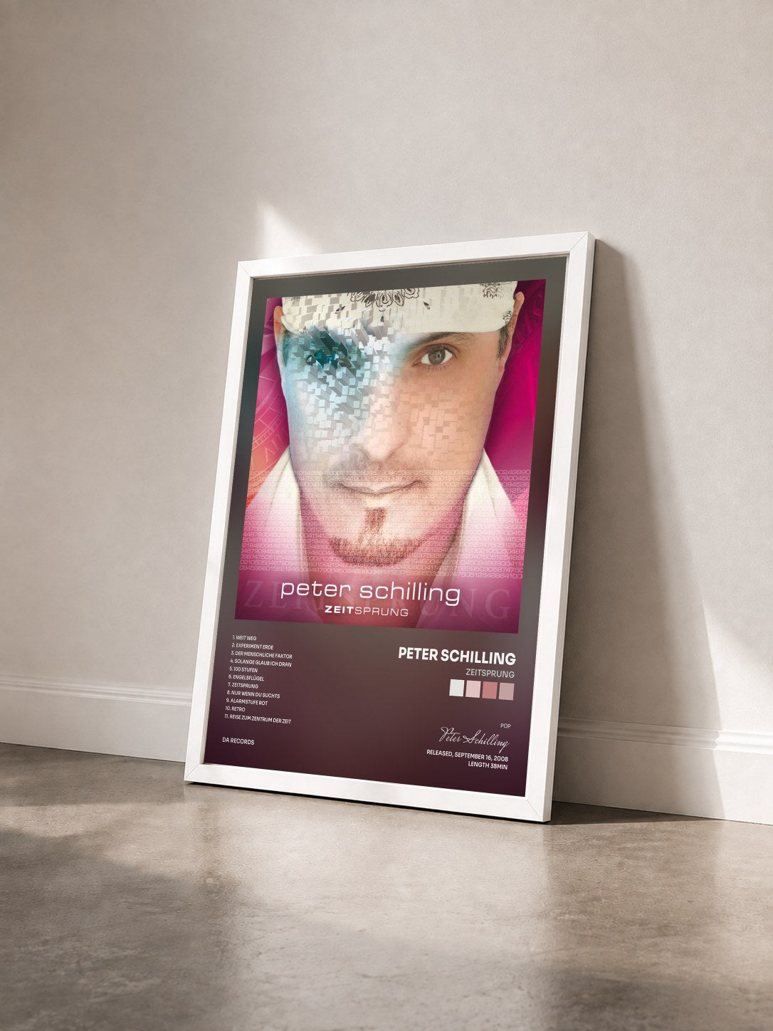 #blanc Tableau de l'album Zeitsprung de Peter Schilling vu de trois quarts, cadre blanc