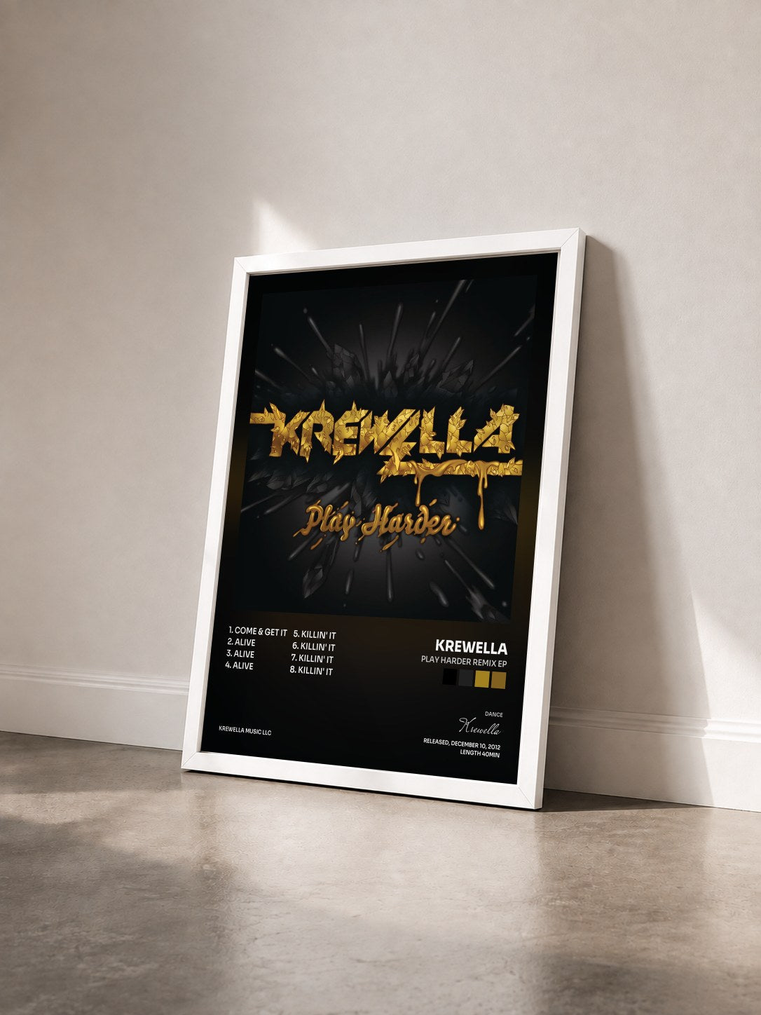 #blanc Tableau de l'album PLAY HARDER REMIX EP de Krewella vu de trois quarts, cadre blanc