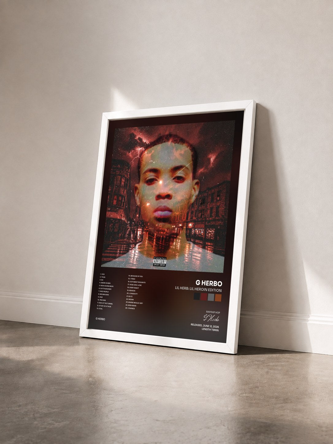 #blanc Tableau de l'album Lil Herb: Lil Heroin Edition de G Herbo vu de trois quarts, cadre blanc