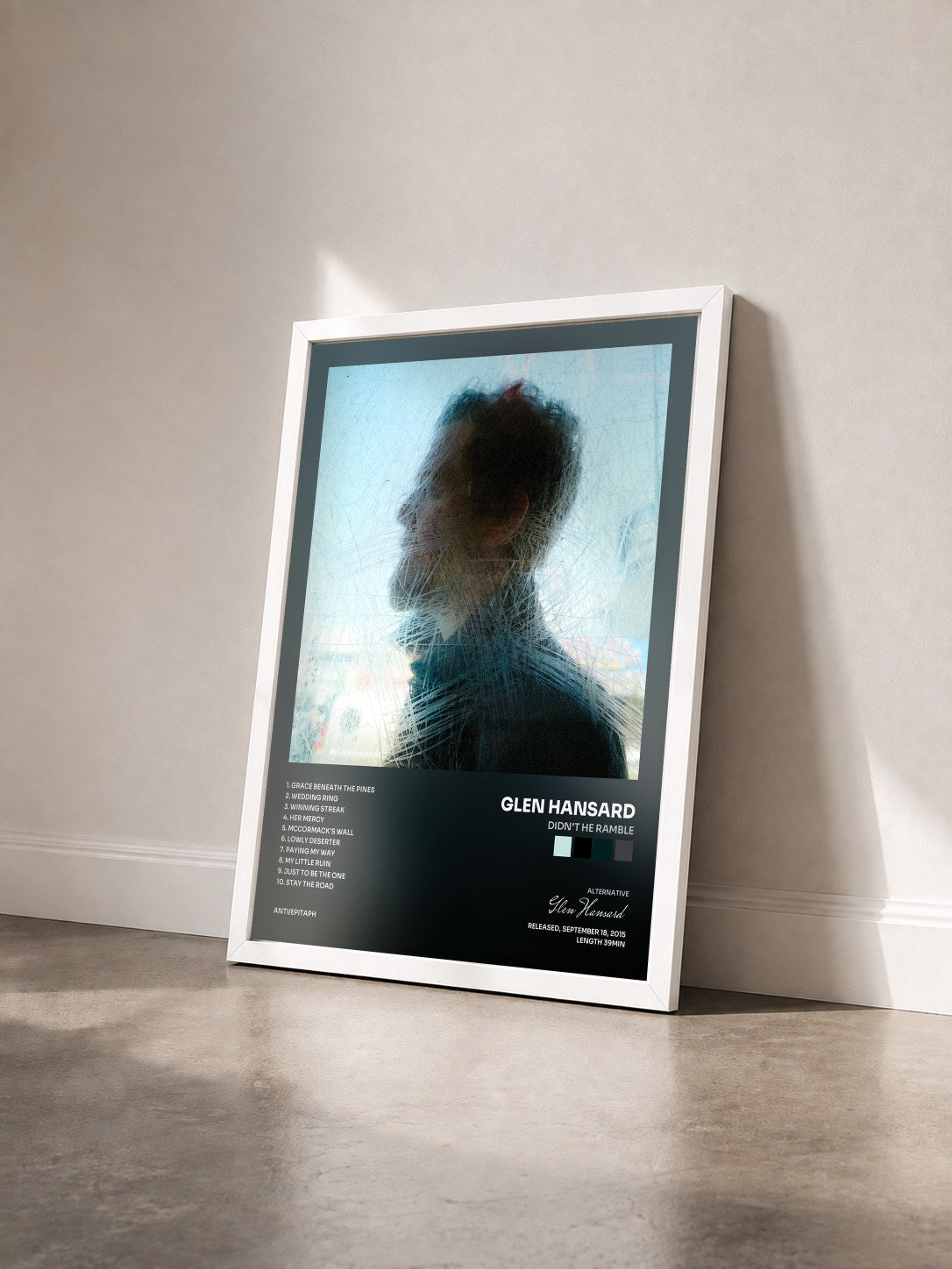 #blanc Tableau de l'album Didn't He Ramble de Glen Hansard vu de trois quarts, cadre blanc