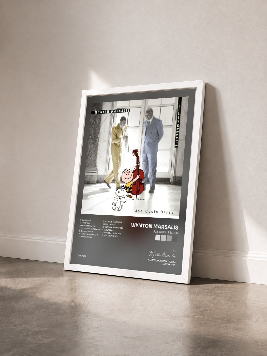 #blanc Tableau de l'album Joe Cool's Blues de Wynton Marsalis vu de trois quarts, cadre blanc