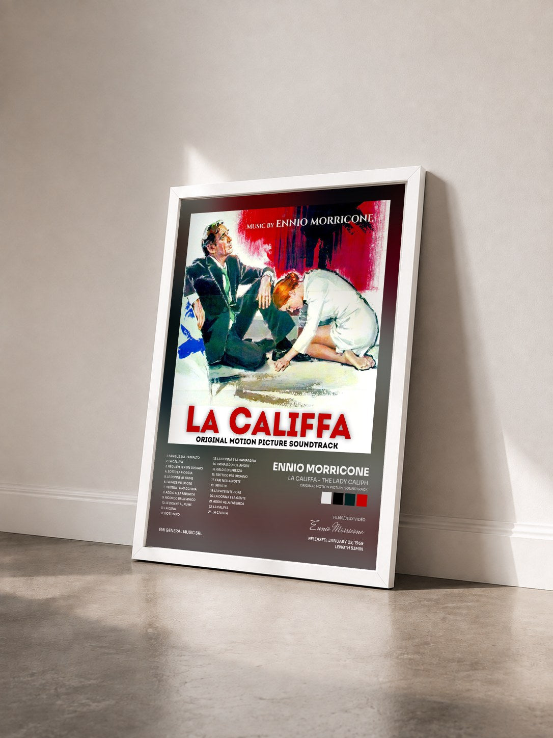 #blanc Tableau de l'album La Califfa - The Lady Caliph (Original Motion Picture Soundtrack) de Ennio Morricone vu de trois quarts, cadre blanc