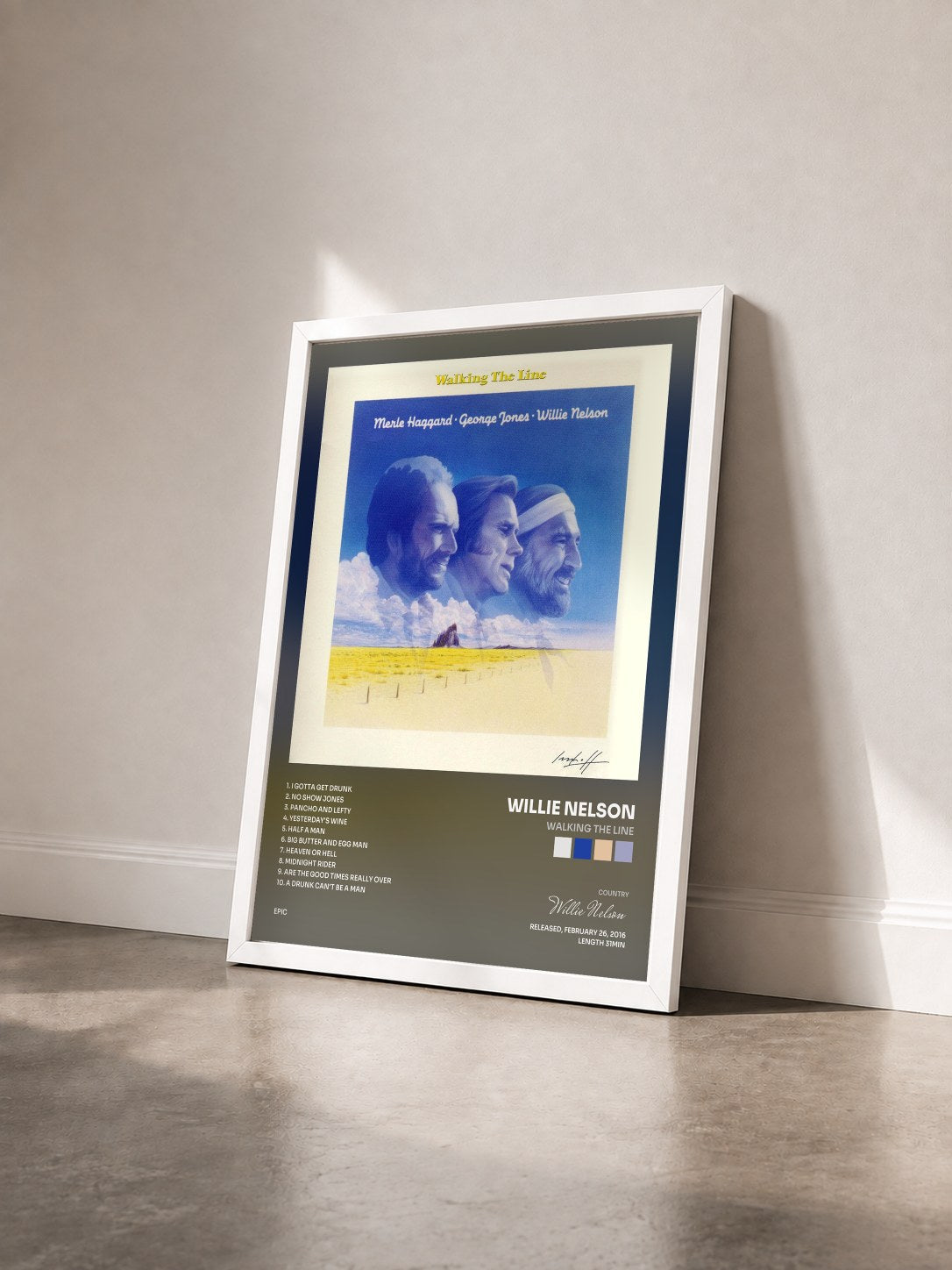 #blanc Tableau de l'album Walking the Line de Willie Nelson vu de trois quarts, cadre blanc