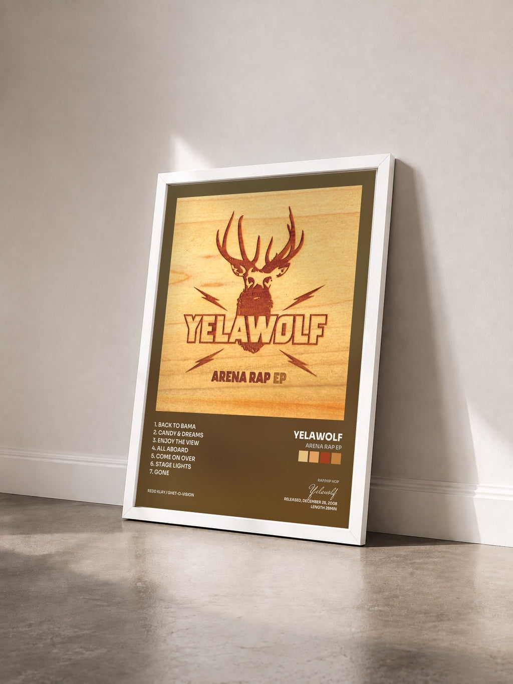 #blanc Tableau de l'album Arena Rap EP de Yelawolf vu de trois quarts, cadre blanc