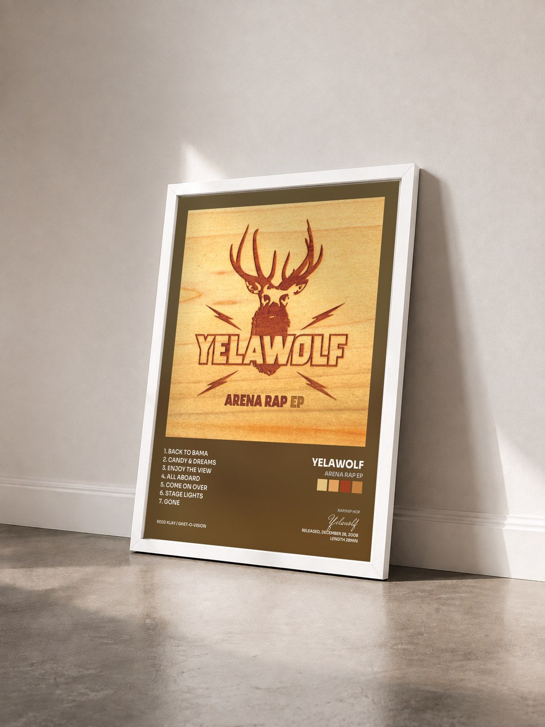 #blanc Tableau de l'album Arena Rap EP de Yelawolf vu de trois quarts, cadre blanc