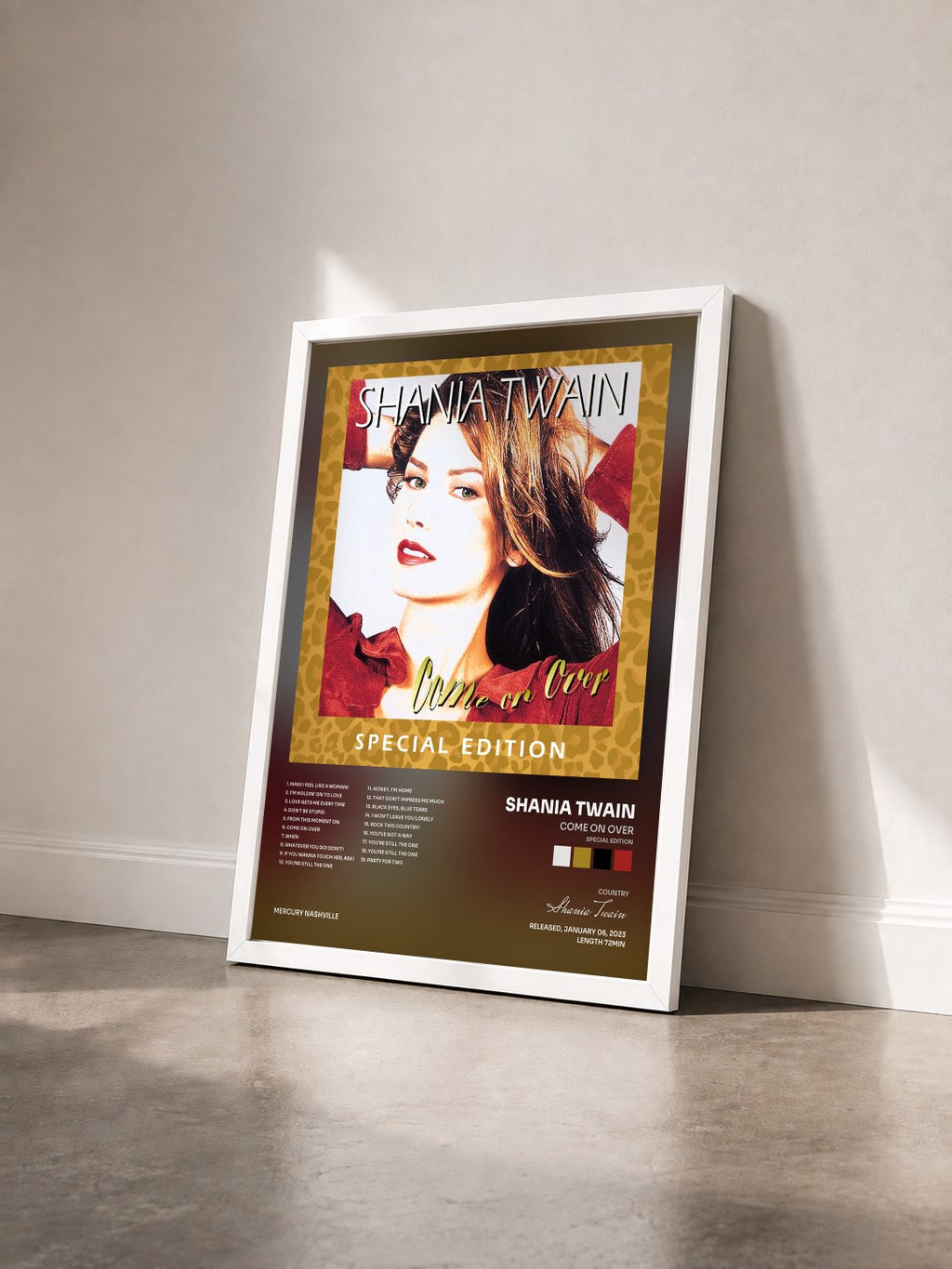 #blanc Come On Over (Special Edition) by Shania Twain as a framed art print seen at an angle, white frame
