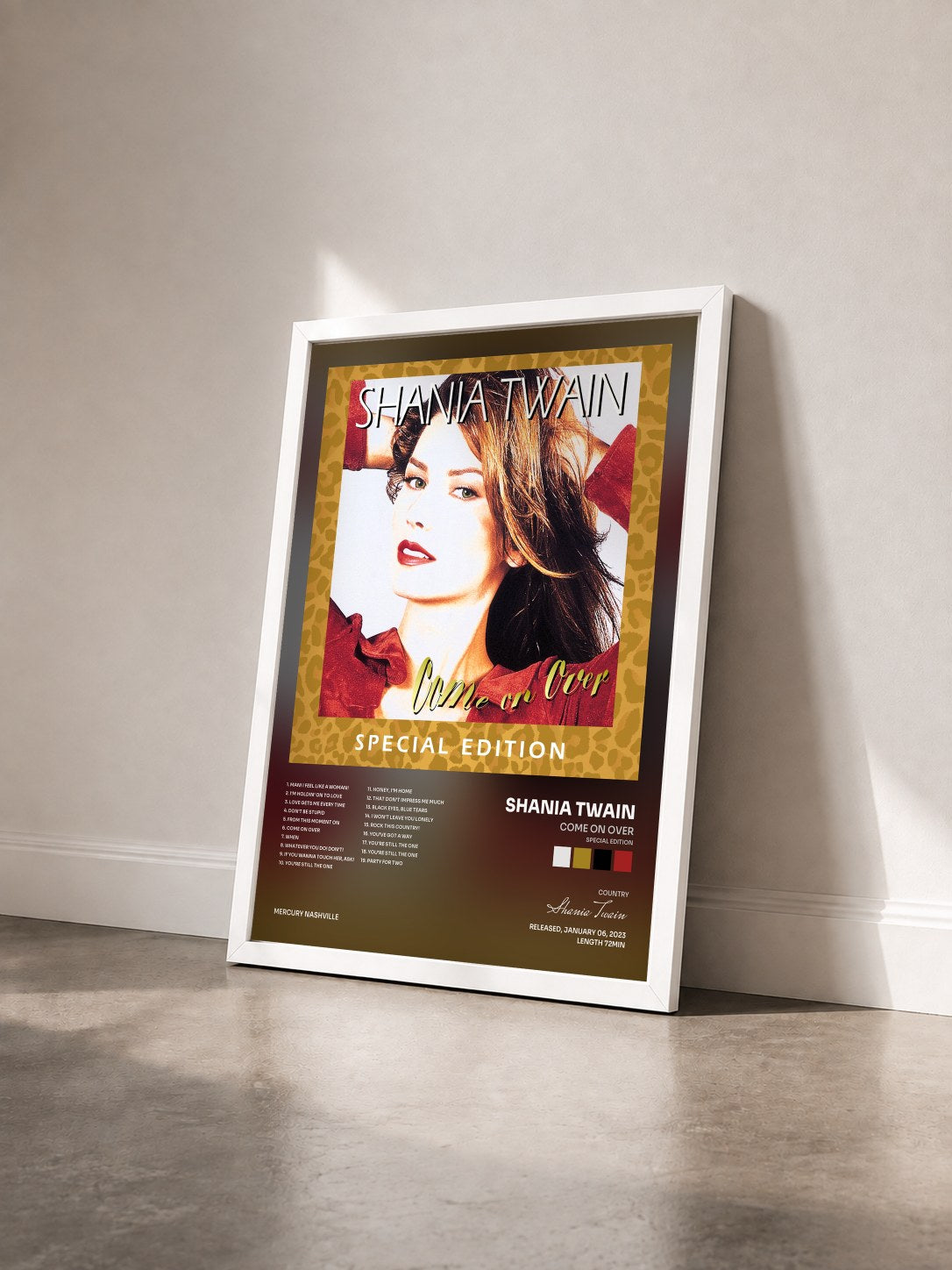 #blanc Tableau de l'album Come On Over (Special Edition) de Shania Twain vu de trois quarts, cadre blanc