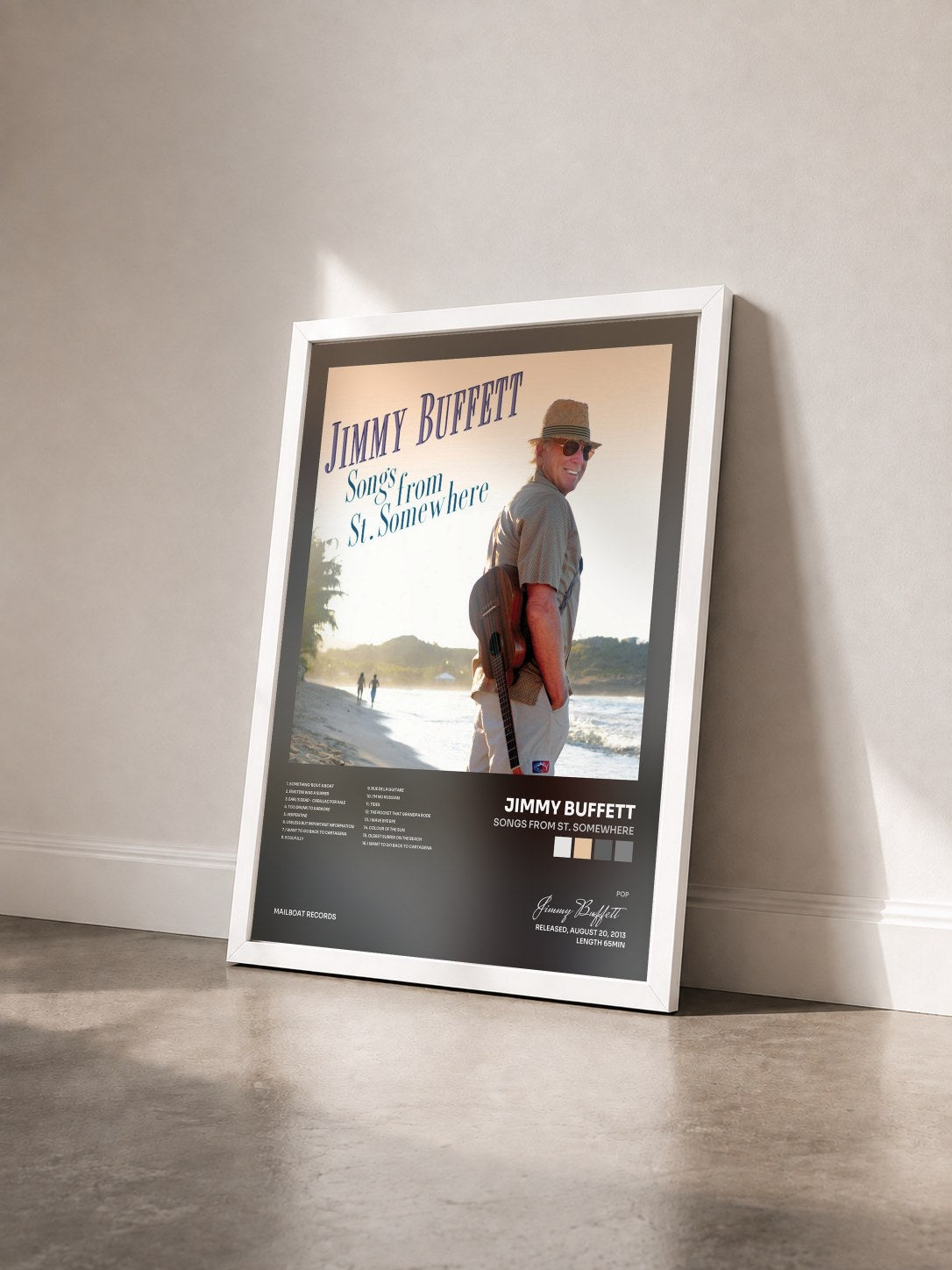 #blanc Tableau de l'album Songs from St. Somewhere de Jimmy Buffett vu de trois quarts, cadre blanc