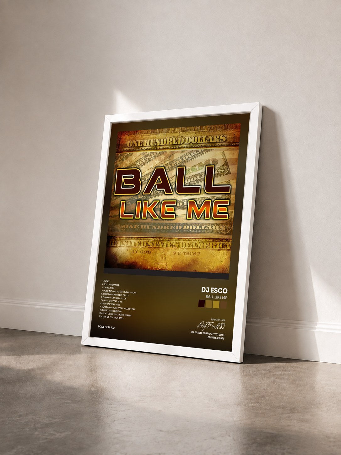 #blanc Tableau de l'album Ball like Me de DJ ESCO vu de trois quarts, cadre blanc
