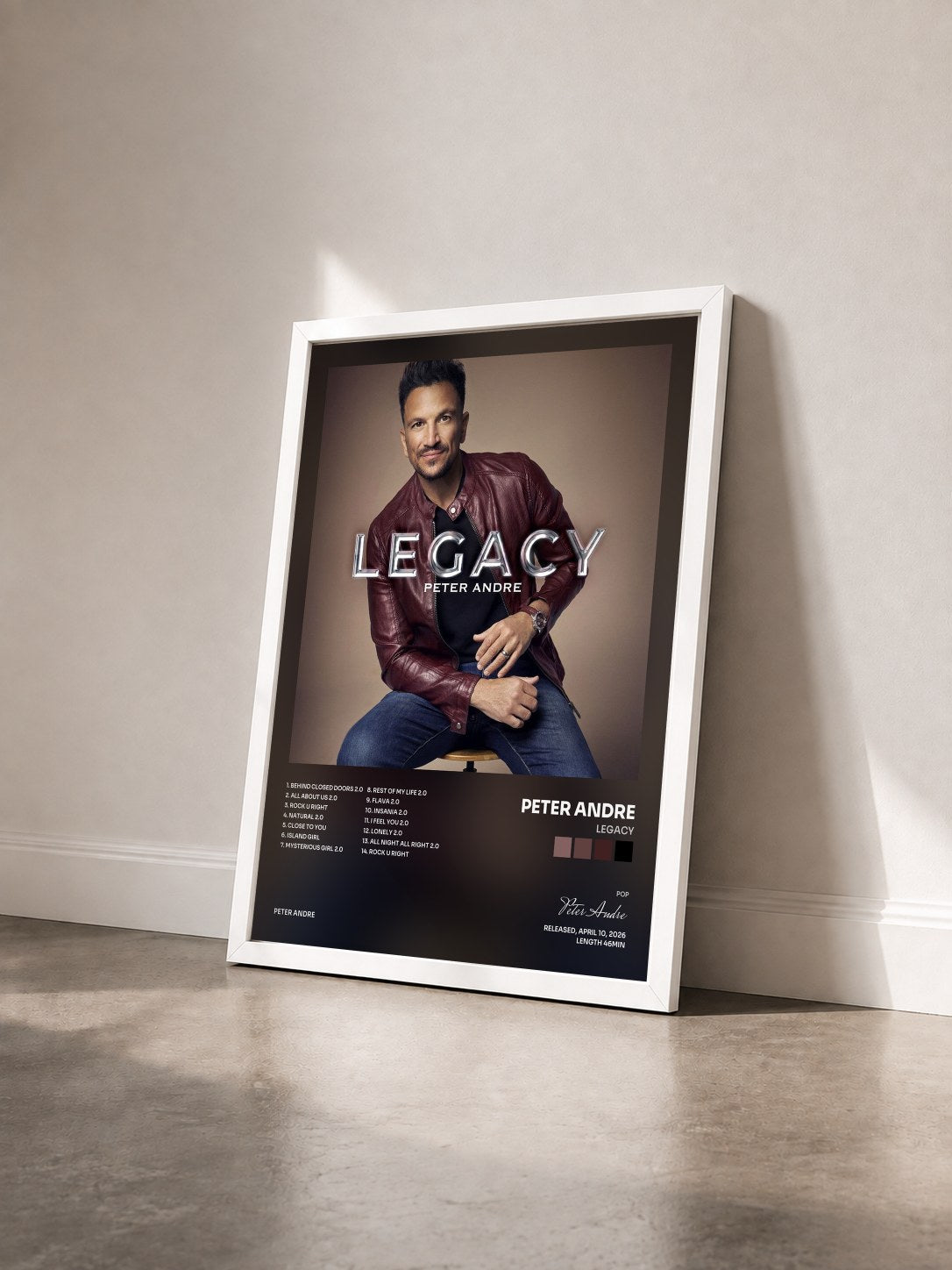 #blanc Tableau de l'album Legacy de Peter Andre vu de trois quarts, cadre blanc