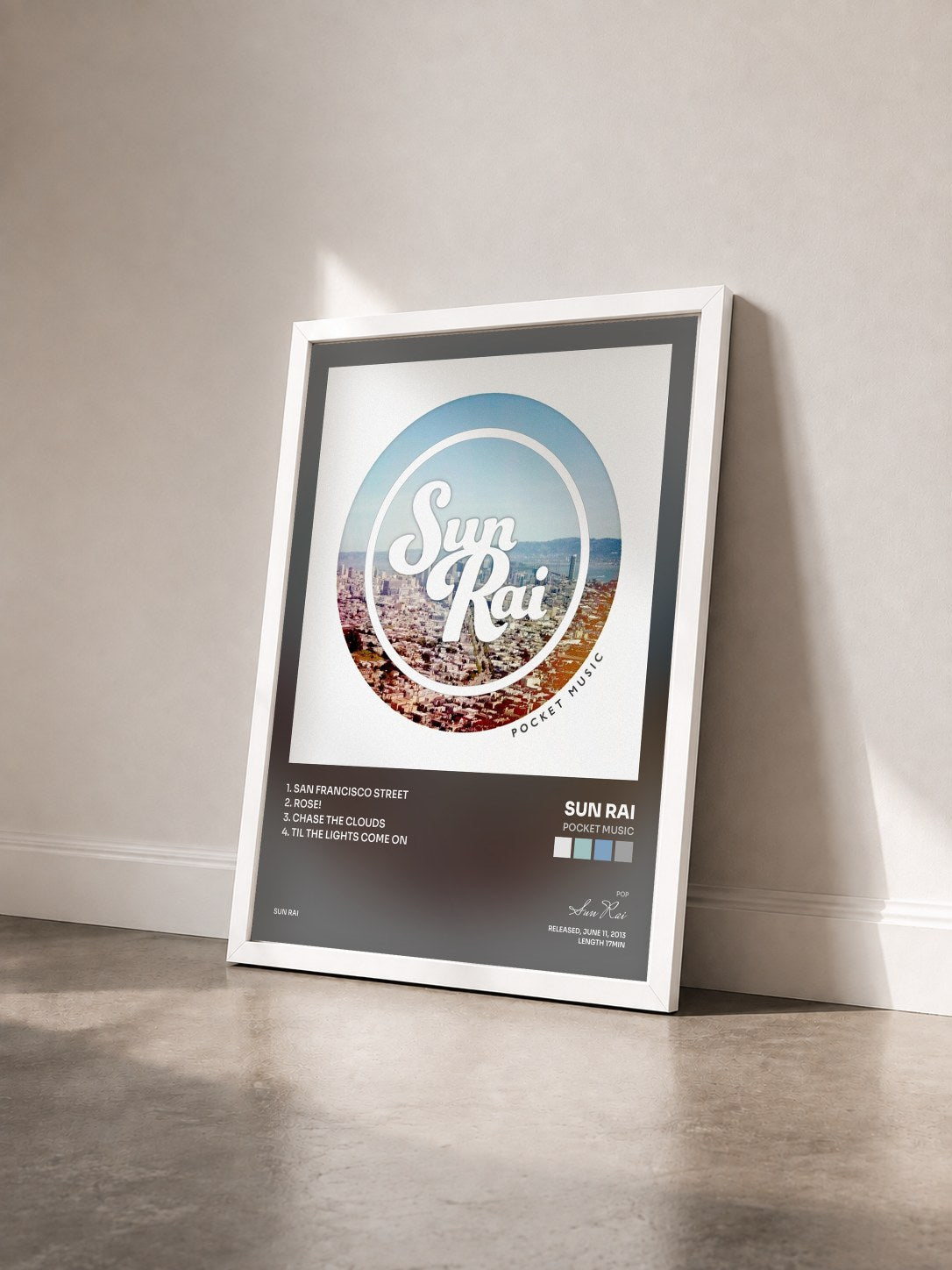 #blanc Tableau de l'album Pocket Music de Sun Rai vu de trois quarts, cadre blanc