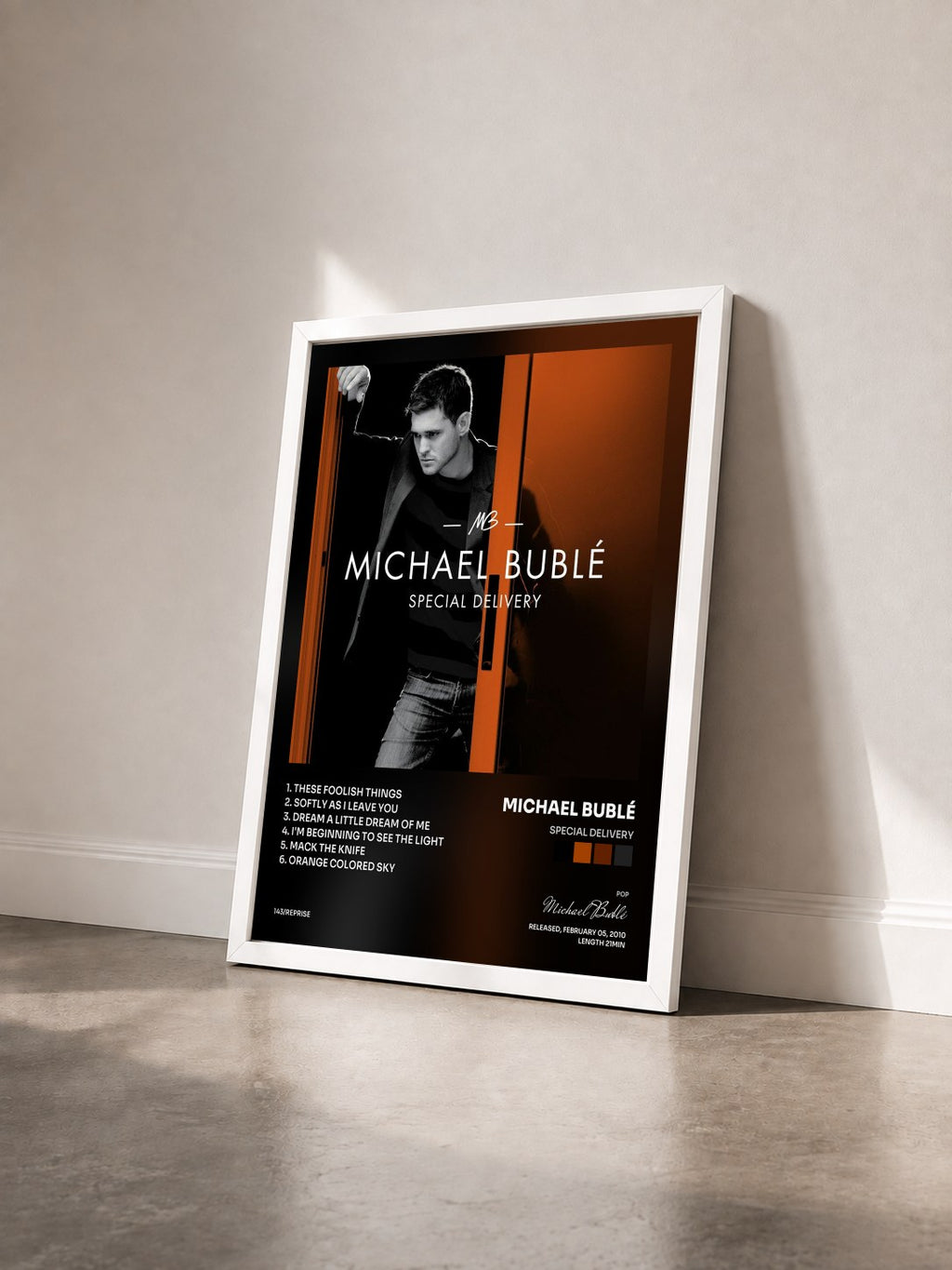 #blanc Tableau de l'album Special Delivery de Michael Bublé vu de trois quarts, cadre blanc