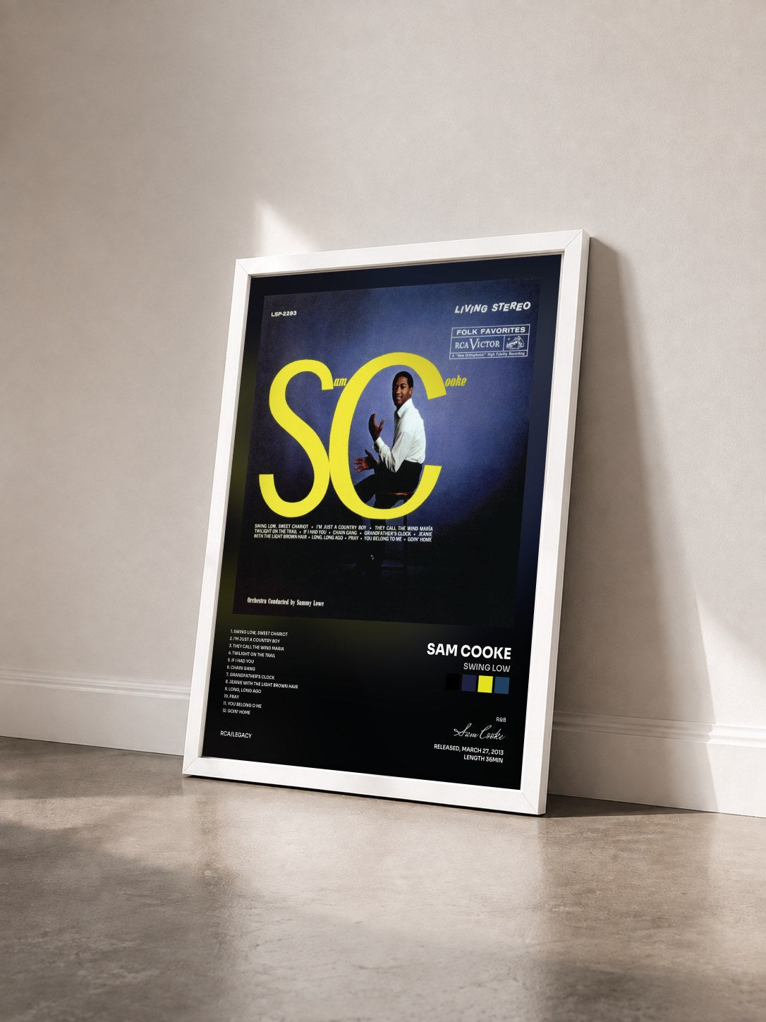 #blanc Tableau de l'album Swing Low de Sam Cooke vu de trois quarts, cadre blanc