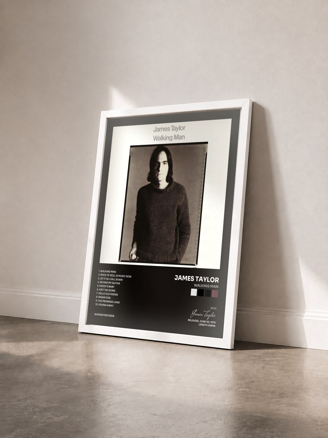#blanc Tableau de l'album Walking Man de James Taylor vu de trois quarts, cadre blanc