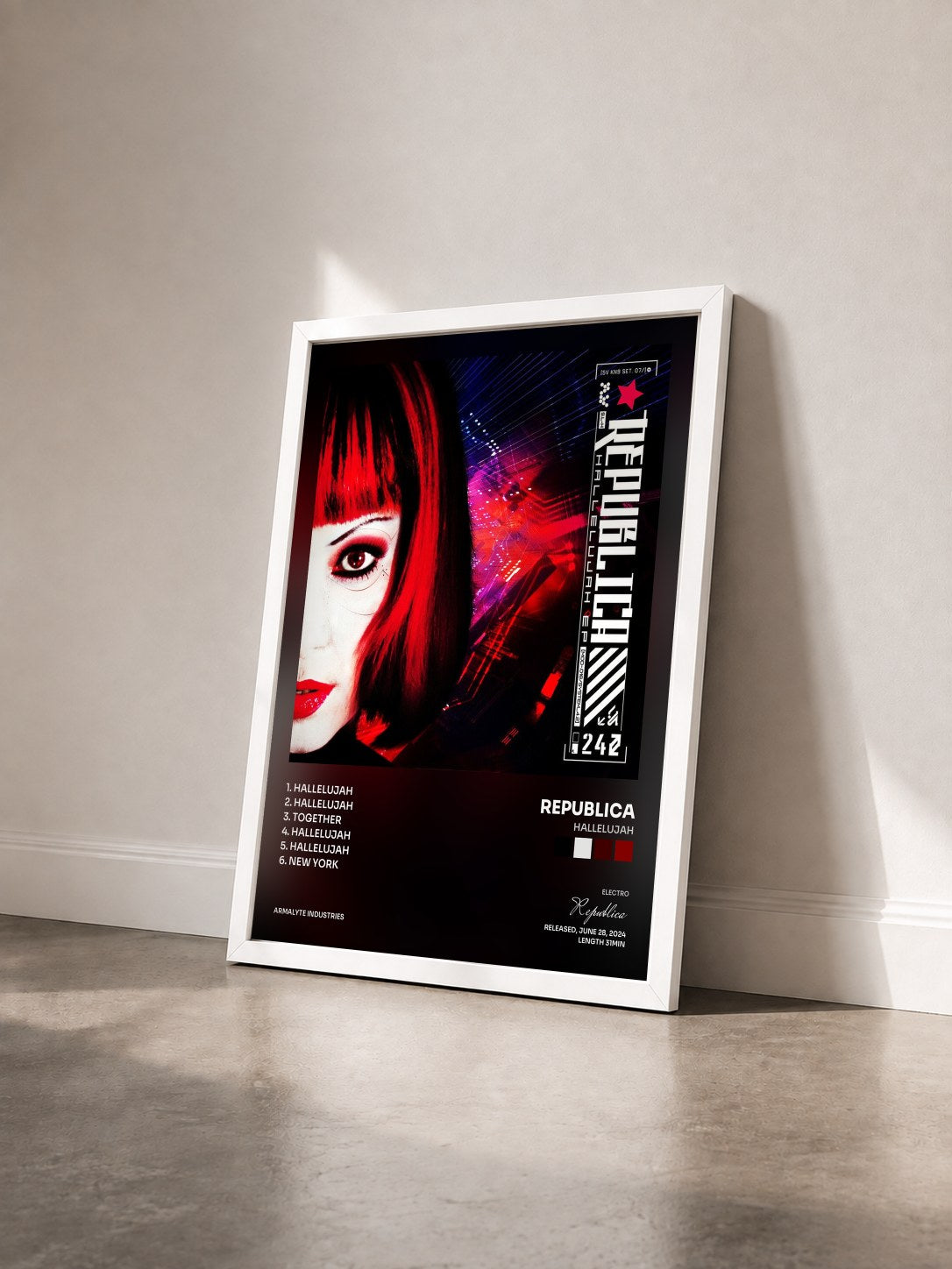 #blanc Tableau de l'album Hallelujah de Republica vu de trois quarts, cadre blanc