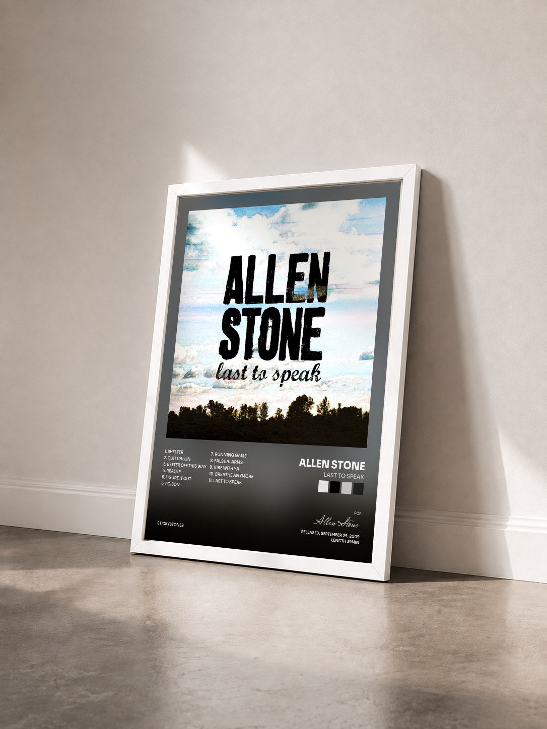 #blanc Tableau de l'album Last to Speak de Allen Stone vu de trois quarts, cadre blanc