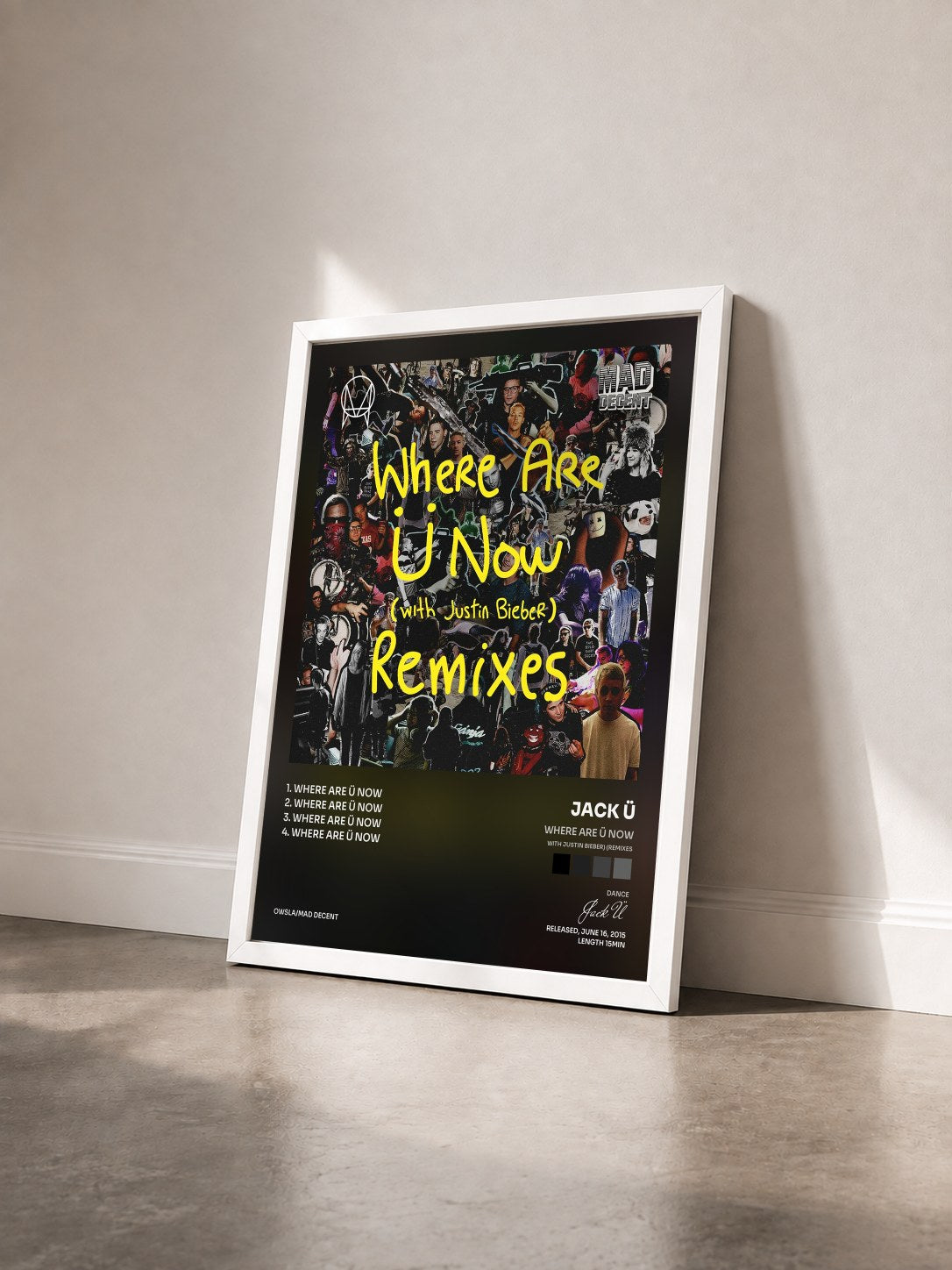 #blanc Tableau de l'album Where Are Ü Now (with Justin Bieber) (Remixes) de Jack Ü vu de trois quarts, cadre blanc