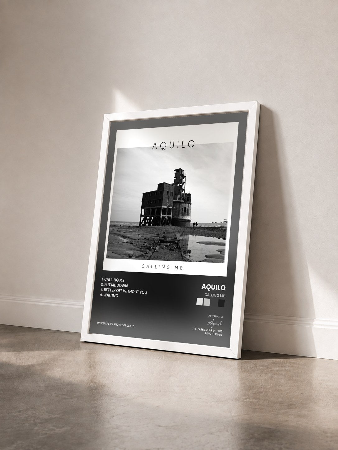 #blanc Tableau de l'album Calling Me de Aquilo vu de trois quarts, cadre blanc