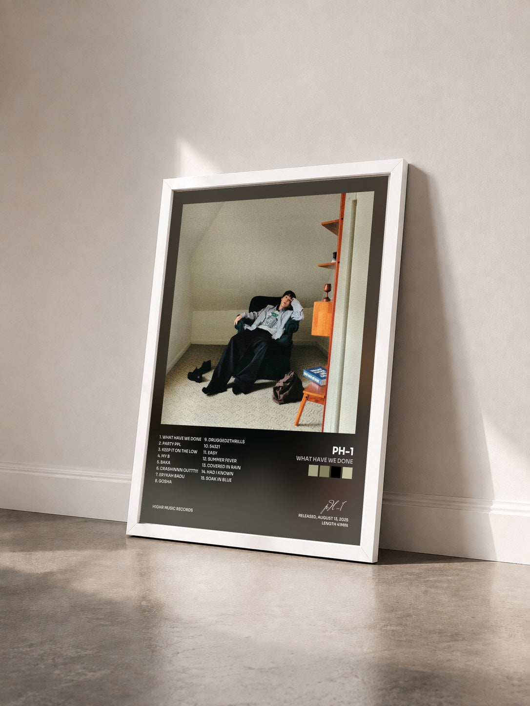 #blanc Tableau de l'album WHAT HAVE WE DONE de pH-1 vu de trois quarts, cadre blanc